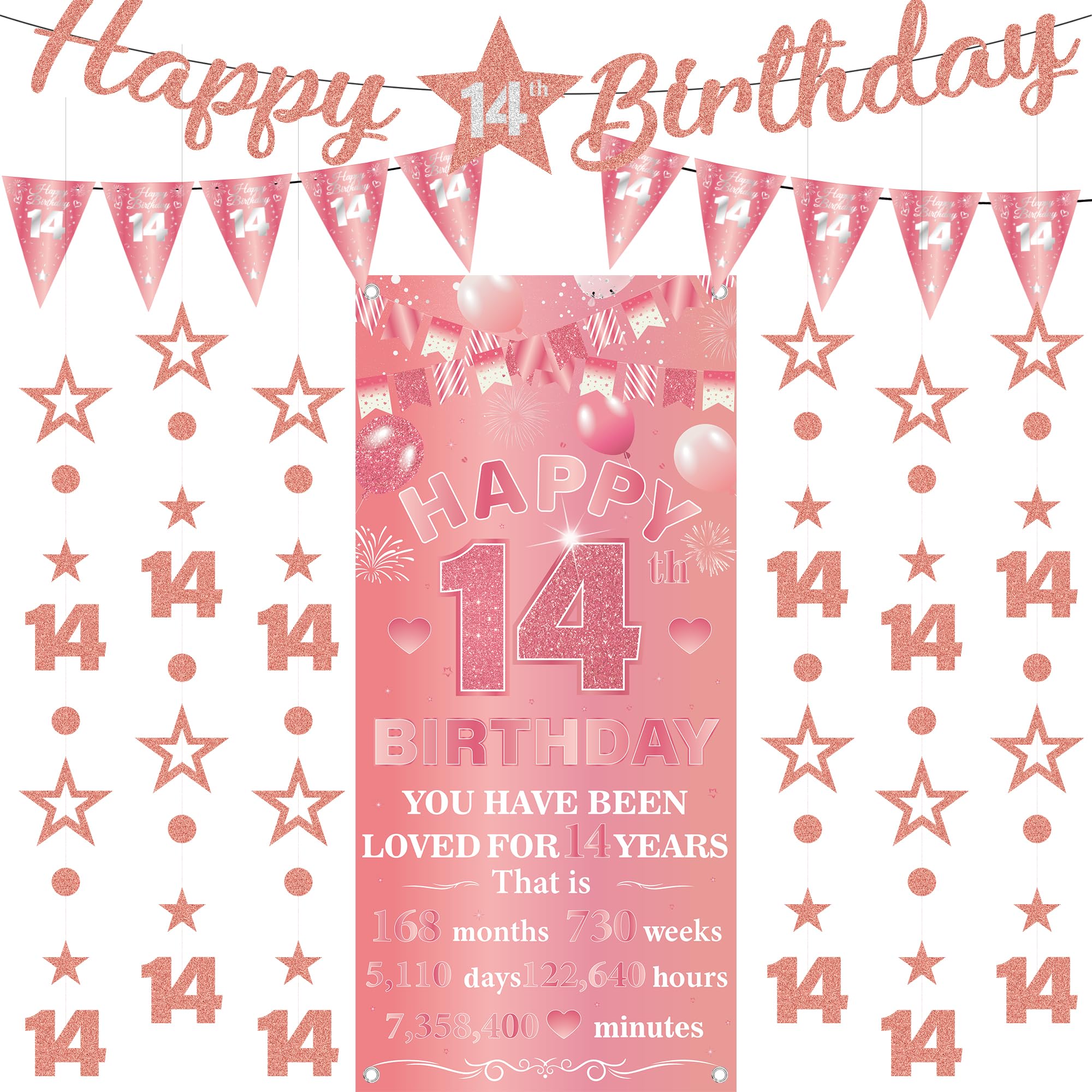 14th Birthday Decorations Banner Girls - 9 Pcs Rose Gold Bannes Backdrop Number Star Dot Glitter Hanging Garlands Kit for Girl Happy 14 Years Old Birthday Party Decor Supplies