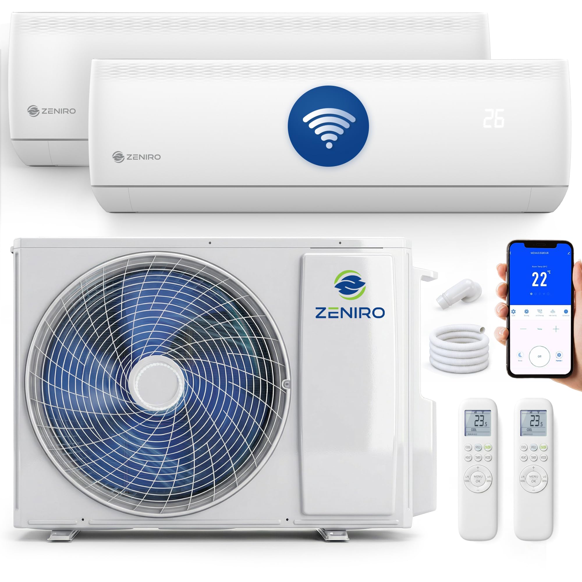 Klimaanlage 2 Innengeräte Multi Split Set (2.6kW + 5,3kW) Klimagerät Air Conditioner mit Heizfunktion 21000 BTU 6,2kW A++ WiFi/App-Steuerung 4D AirFlow Heizen bis -20°C Vorgefüllt R32