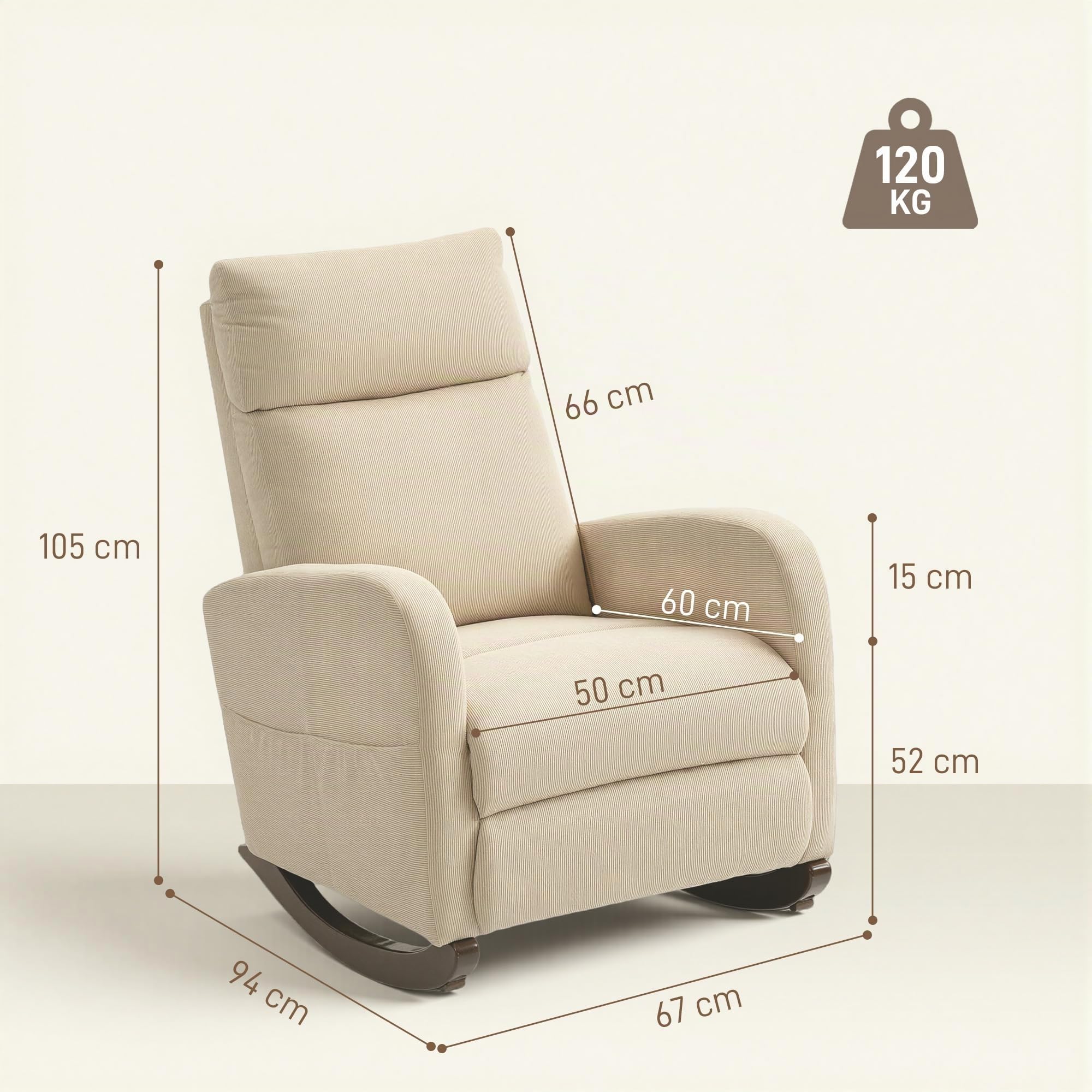 HOMCOM Schaukelstuhl Gepolsterter Schaukelsessel mit Cordstoff Beige