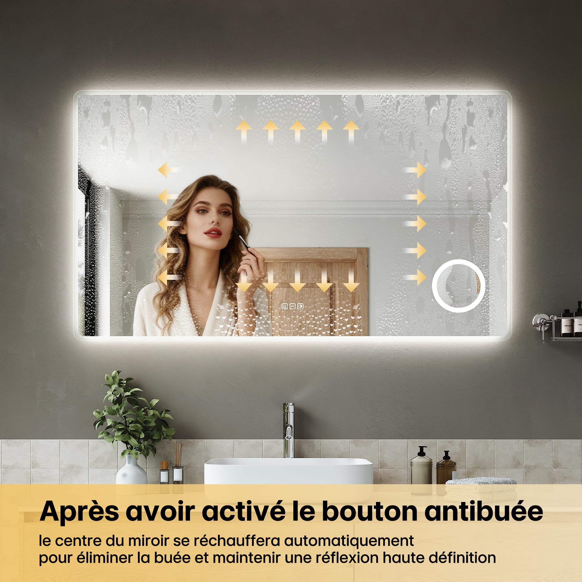 Sirhona - Specchio da bagno con illuminazione di 140 x 80 cm, luminosità regolabile e 3 colori regolabili, antiappannamento, memoria, IP44, supporto, ingrandimento 3X, specchio connesso per bagno