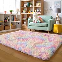 Vista 15 de Alfombras mullidas de 4 x 6 pies para dormitorio de niñas, alfombra de pelo largo lavable en arco iris para habitación de niños, guardería