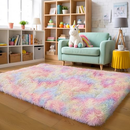 Miniatura 15 de Alfombras mullidas de 4 x 6 pies para dormitorio de niñas, alfombra de pelo largo lavable en arco iris para habitación de niños, guardería