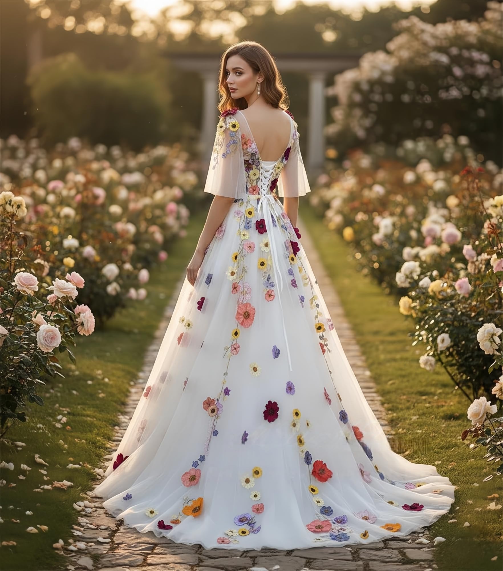 TSxuelian Fiori 3D Mezze Maniche Abito Da Sposa Ricamo Floreale Tulle Una Linea Puff Abiti Da Sposa per Le Donne Vestidos De Noche