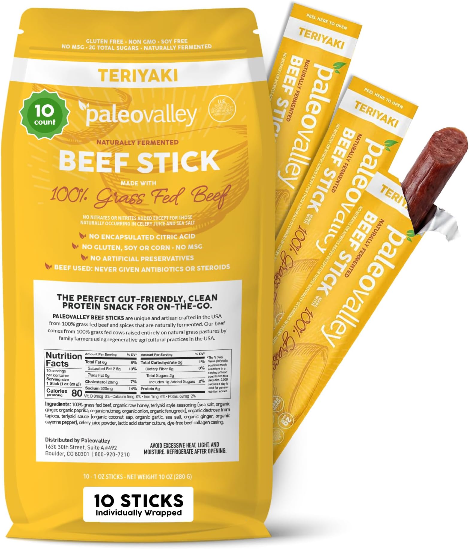 100% Grass Fed Beef Sticks - Organic Paleo and Keto Snack With Natural Probiotics - 10 Beef Jerky Sticks - Teriyaki Flavor - No Gluten, Soy, or GMOs - Shelf Stable - Made in the USA