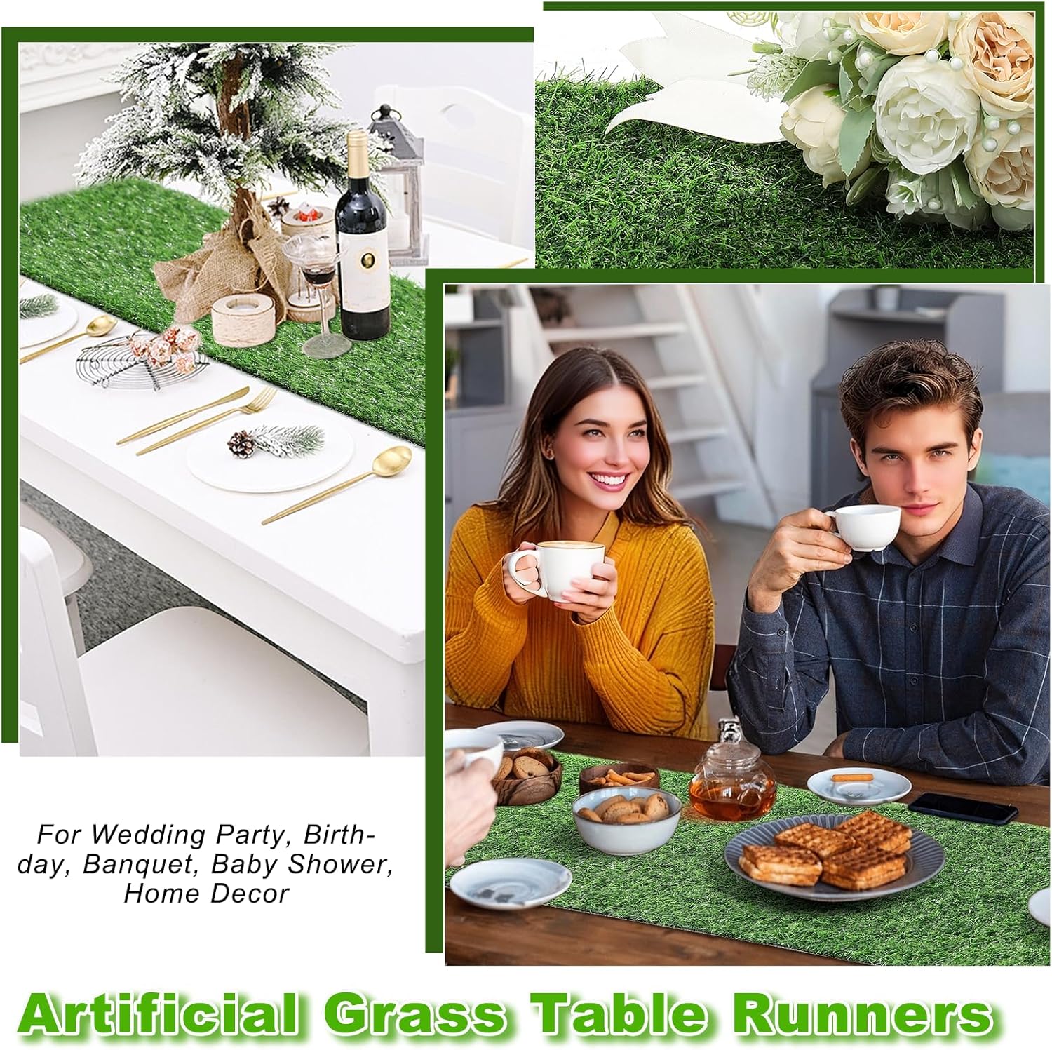 Artificial Grass Table Runner, 13 x 108 in Turf Table Runner - Realistic Faux Grass Runner for Golf Party, Wedding, Baby Shower, Indoor Outdoor Decor (2 Pack)