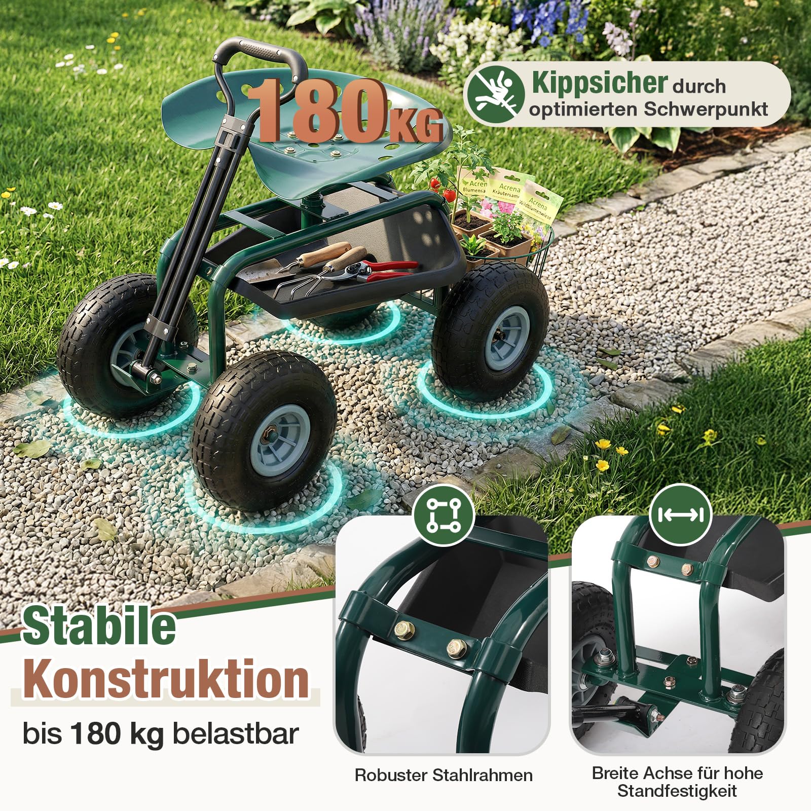 Sekey Gartenrollsitz mit Griff & Ø 25,5cm Reifen - Fahrbarer Rollsitz für Gartenarbeit bis 180kg - 360° Drehbarer Gartensitz zum Ernten & Beschneiden - Gartenhelfer mit Korb für Hof & Garten