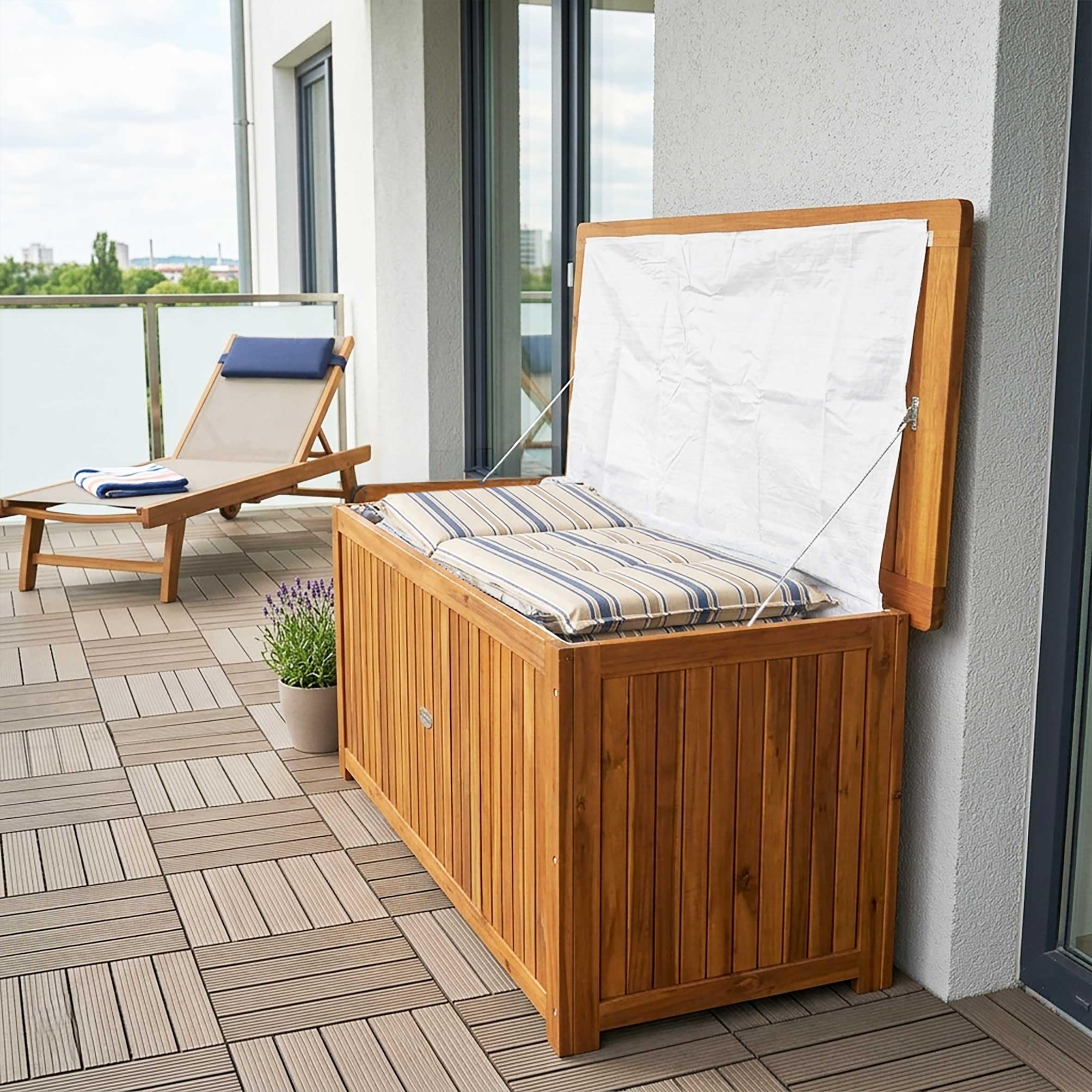 Spetebo Garten Kissenbox aus Akazienholz Natur Geölt - 133 x 58 x 55 cm - Holz Auflagenbox mit Deckel 236 L Braun - Polsterauflagen Aufbewahrungsbox für Kissen und Sitzkissen