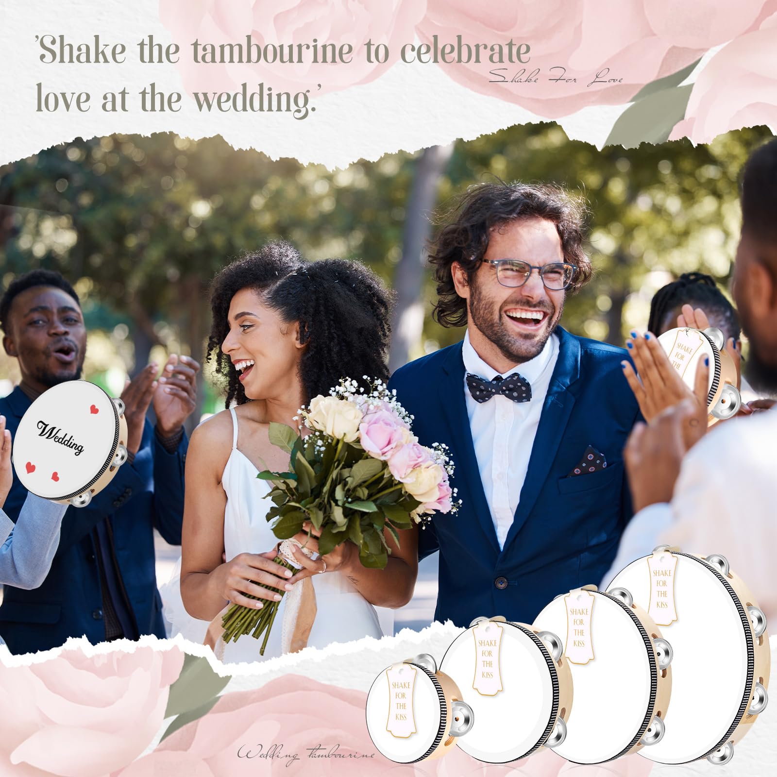 Tamburin für Erwachsene, 10 + 15 + 20 + 25,4 cm, 12 Stück, Holztrommel mit Metallschellen, Geschenkanhänger, beigefarbenes Band, Percussion-Geschenk, Musikinstrument für Kirche, Hochzeit, Party