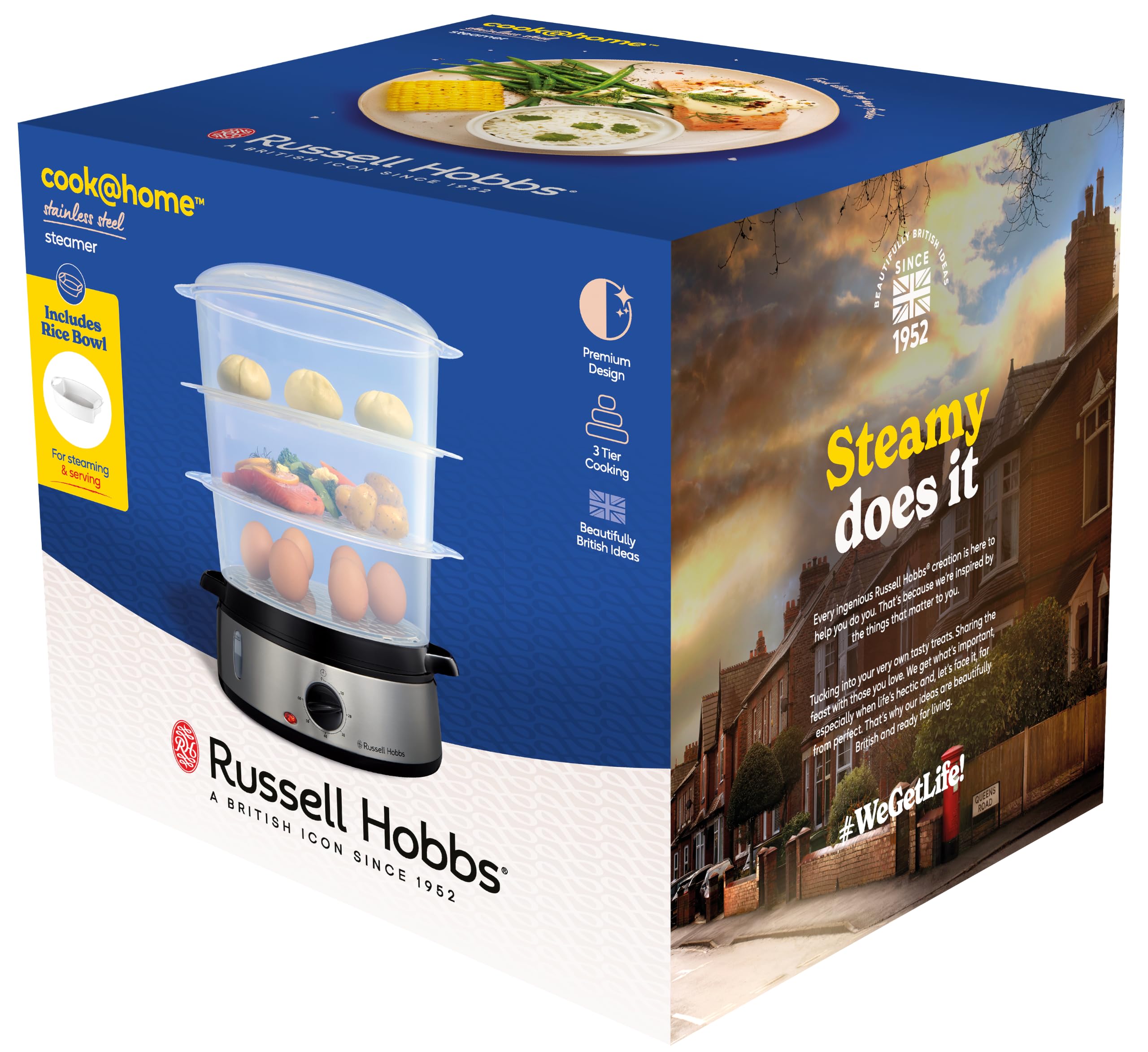 Russell Hobbs Dampfgarer [normale Größe] 9,0l (60 Minuten Timer + Abschaltautomatik, 3 spülmaschinengeeignete Dampfgarbehälter + Reisschale/Reiskocher + 6 Eierhalter/Eierkocher, BPA-frei) 19270-56