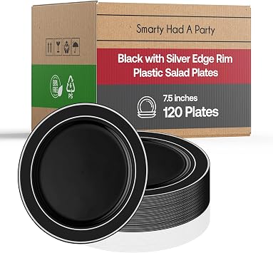 Smarty Had A Party Dinnerware Set for 120 Guests, Black with Silver Rim 7.5 Inch Salad Plates, Elegant Disposable Plates