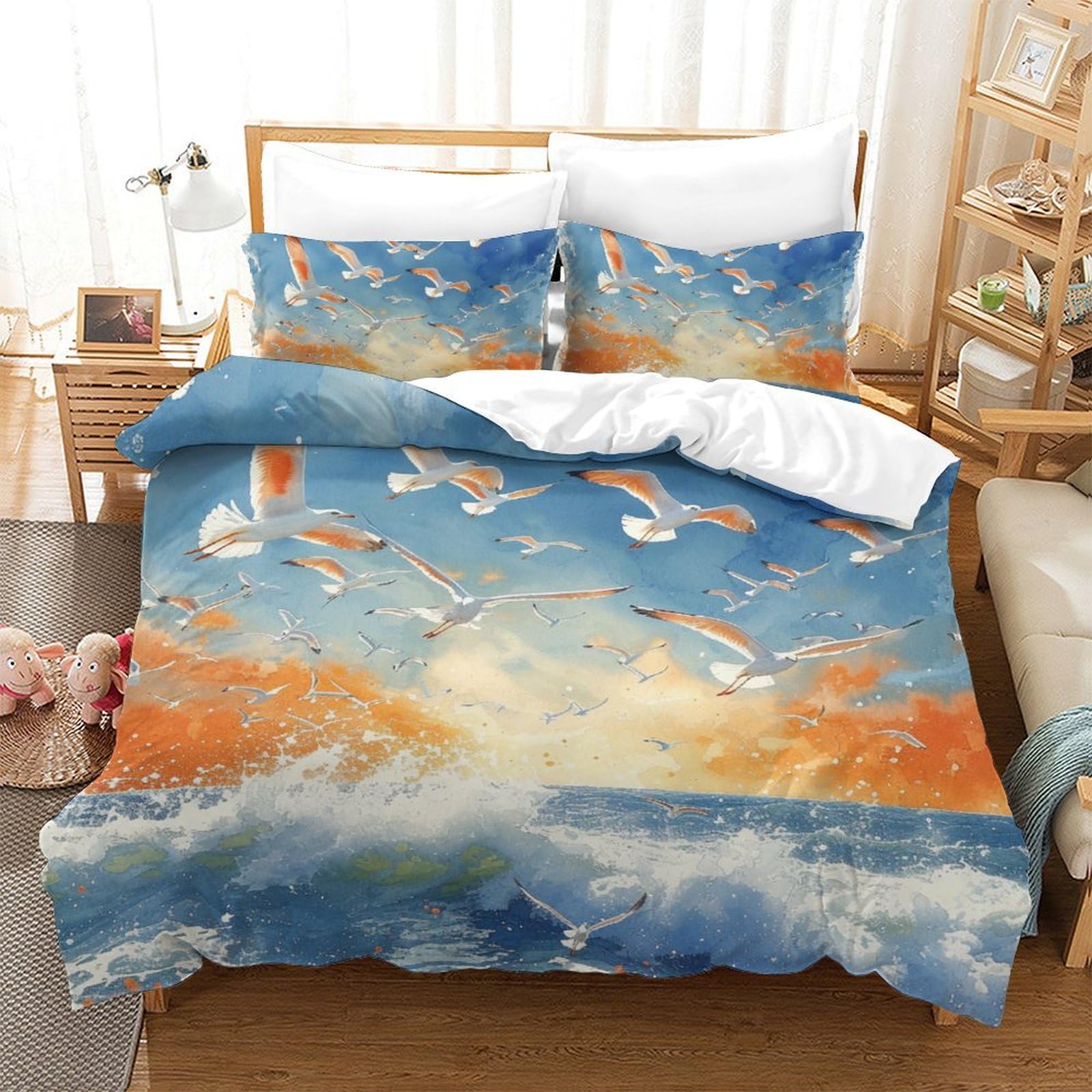 Housse de couette mouette 3D 200x200 en microfibre avec 2 taies
