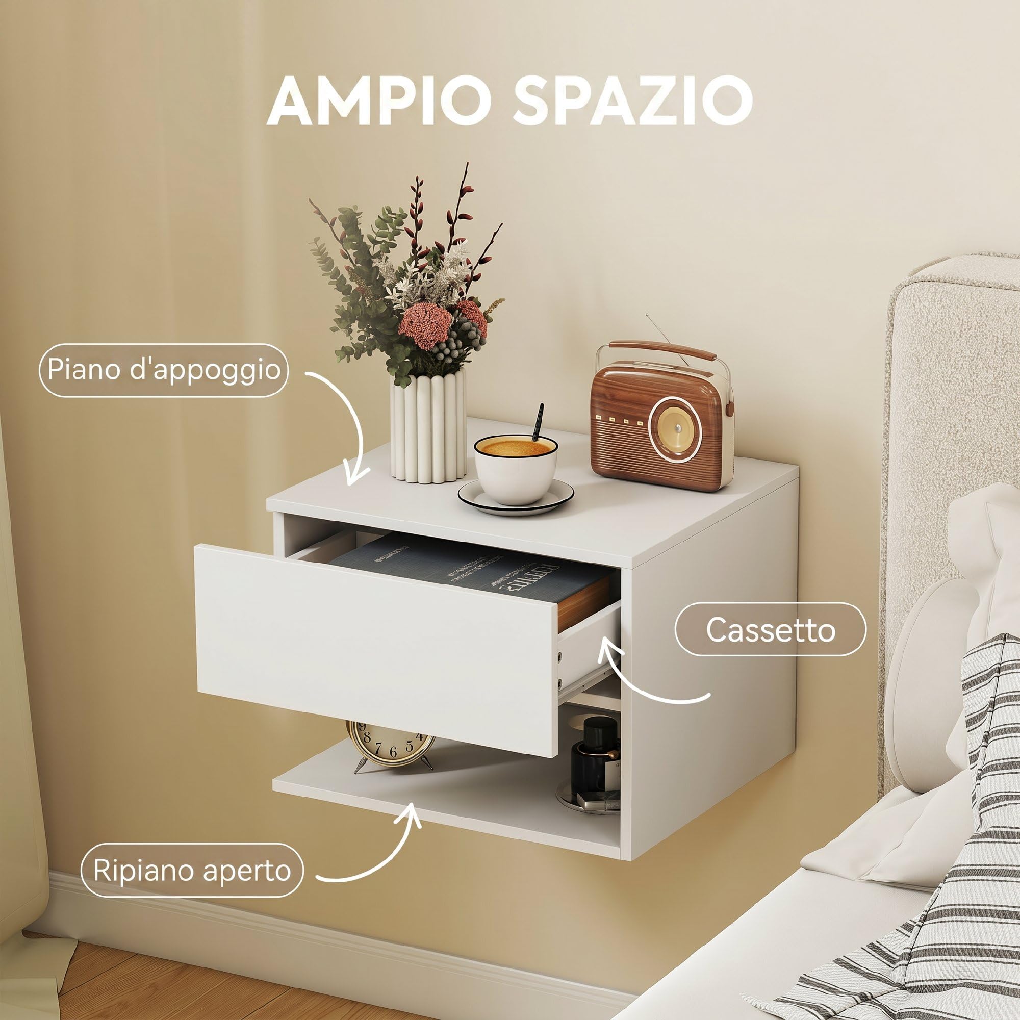 HOMCOM Set 2 Comodini Camera da Letto Sospesi 46x30x30 cm Bianco | Prese di Corrente, Cassetto, Ripiano Aperto, Coppia di Comodini Moderno, Tavolini per Divano, Soggiorno, Salotto, Camera