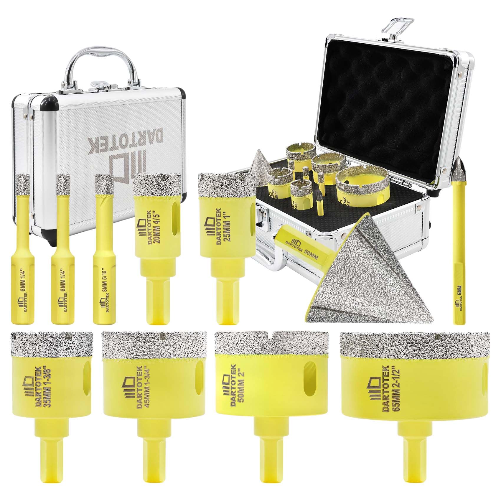 Diamond Core Drill Bit Set 11pcs - 6/6/8/20/25/35/45/50/65mm Triangle Shank Hole Saws, 50mm Beveling Chamfer Bit, 6mm Carbide Drill for Porcelain, Ceramic Tile, Marble, Granite