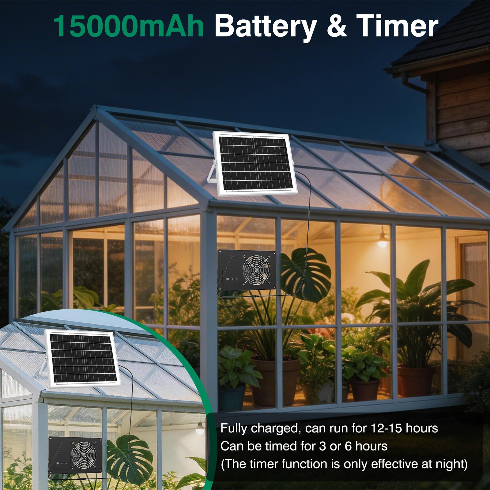 Ventilador solar con batería y temporizador de 15000 mAh, ventilador de escape solar de alta velocidad de 25 W y 3500 rpm, ventilación impermeable de bajo ruido para gallinero, invernadero, cobertizo