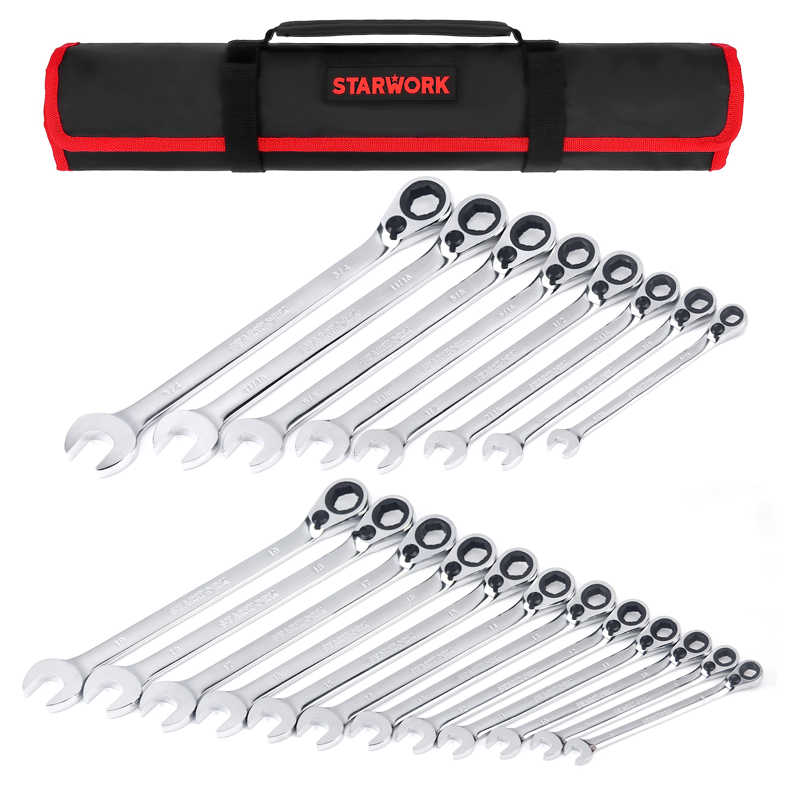 STARWORK True Mechanic™ zestaw dwustronnych kluczy płasko-oczkowych z grzechotką, antypoślizgowe, długi wzór, SAE, metryczny, profesjonalny, z przenośną torbą zwijaną