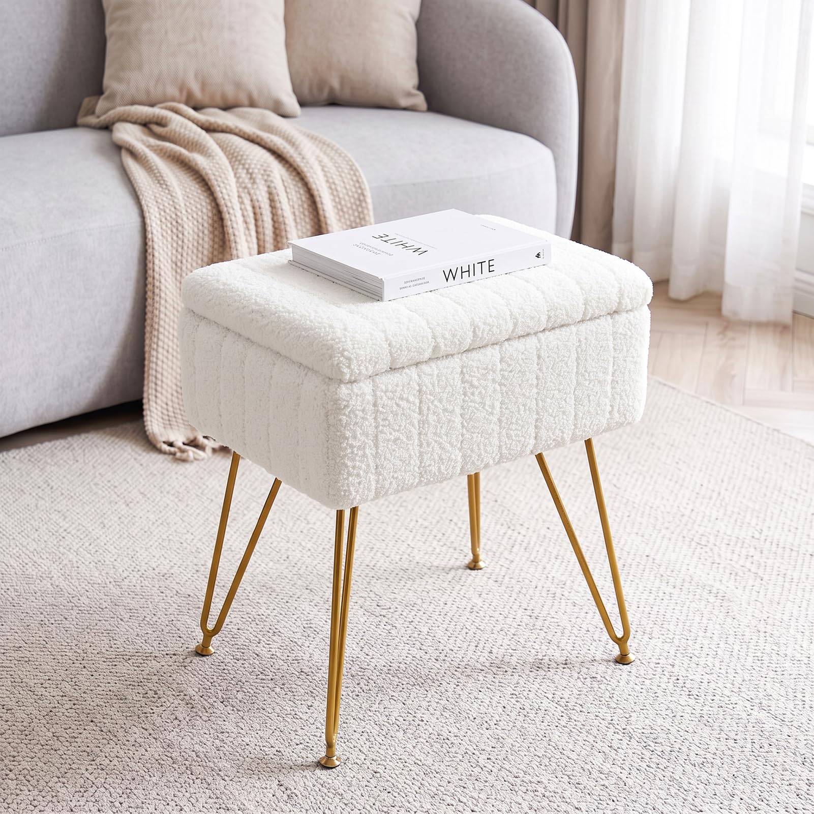Warmiehomy Teddy Rectangular Vanity Chair with Storage, White