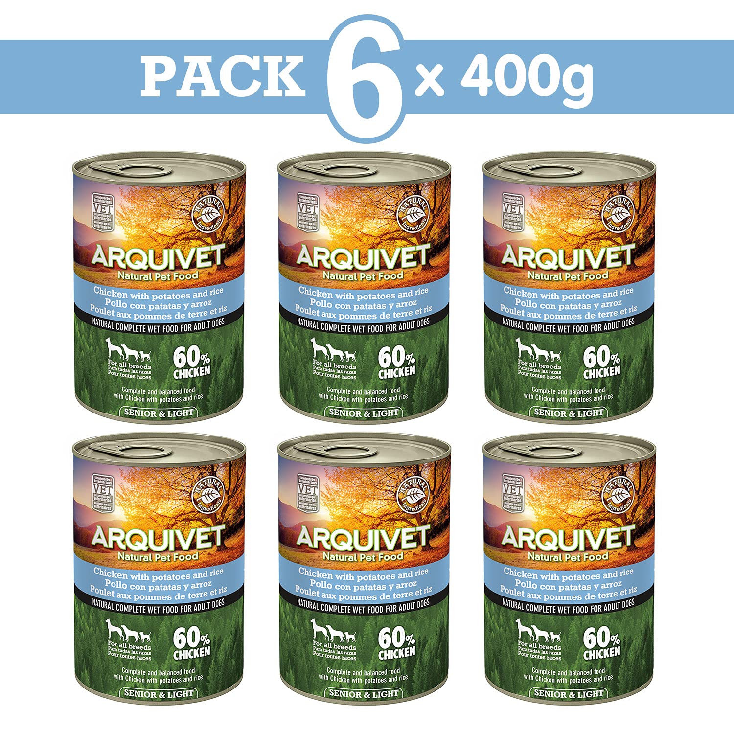 ARQUIVET Confezione da 6 unità - Senior & Light - Pollo con patate e riso - 400 g - Alimenti umidi per cani - Tutte le razze