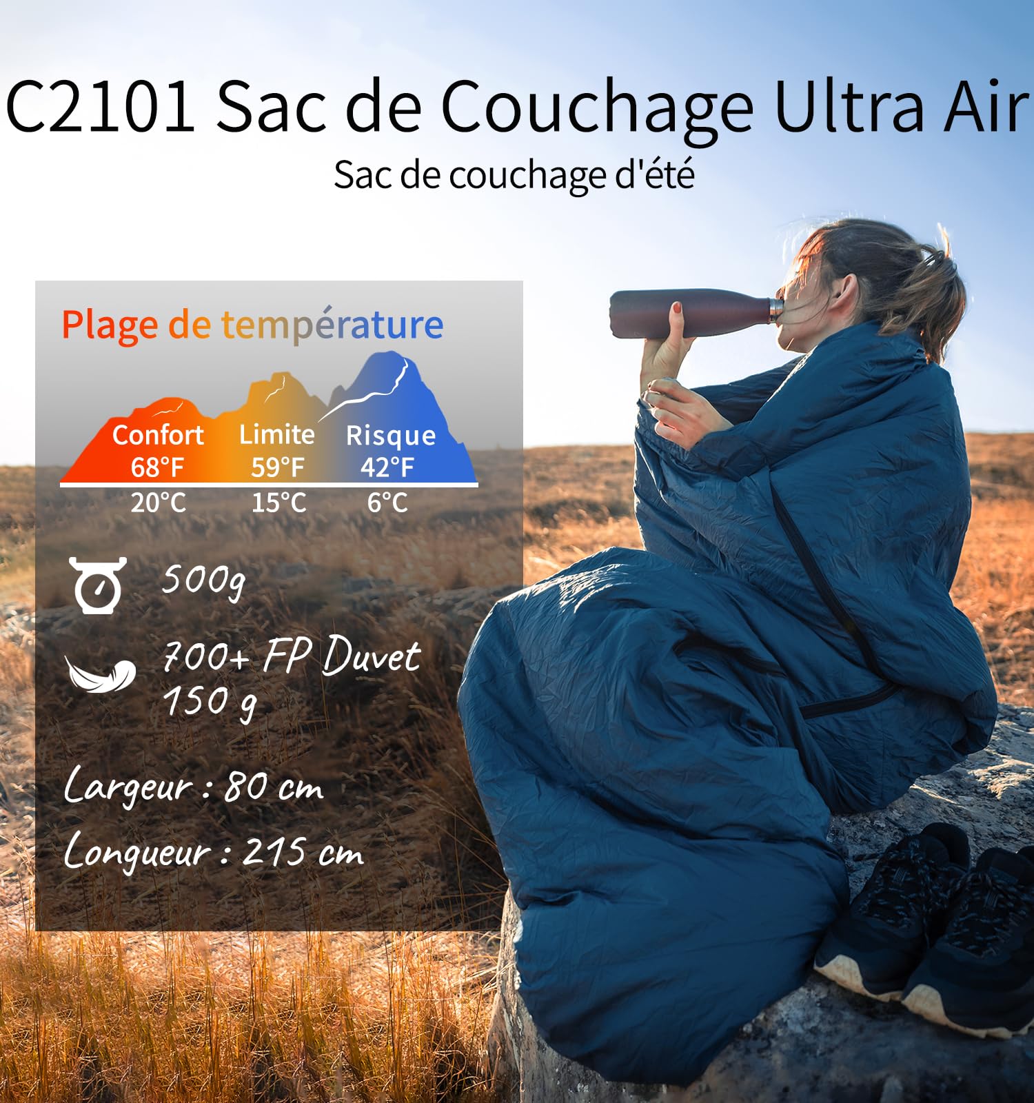 Litume Sac De Couchage D'Été 3 Saisons Momie Ultra-Léger en Duvet, 6°C - 20°C, 700+ FP, Compact Et Portable pour Randonnée, Voyage, Camping, Extérieur, Adulte, Durable