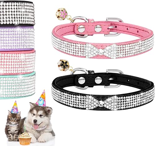 SHPTMCALY Collar de perro y gato con diamantes de imitación con campana hecha a mano, paquete de 2, collar básico ajustable para perros pequeños y