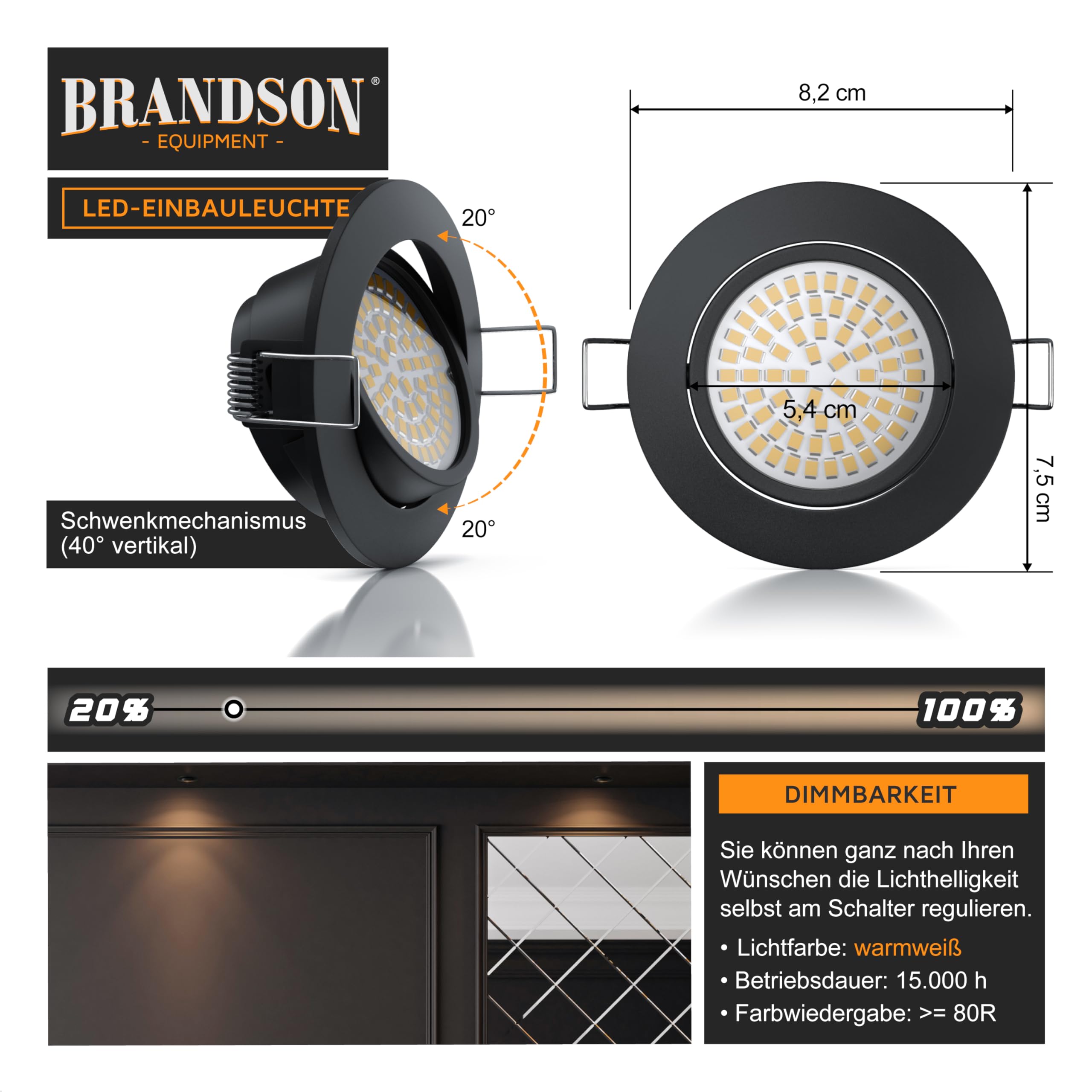 Brandson - 18x LED Deckenspot dimmbar Einbaustrahler schwenkbar - Ultra Flache Spots Einbauleuchte - Einbauspot Deckenstrahler - Abstrahlwinkel 120 Grad - 230V - schwarz