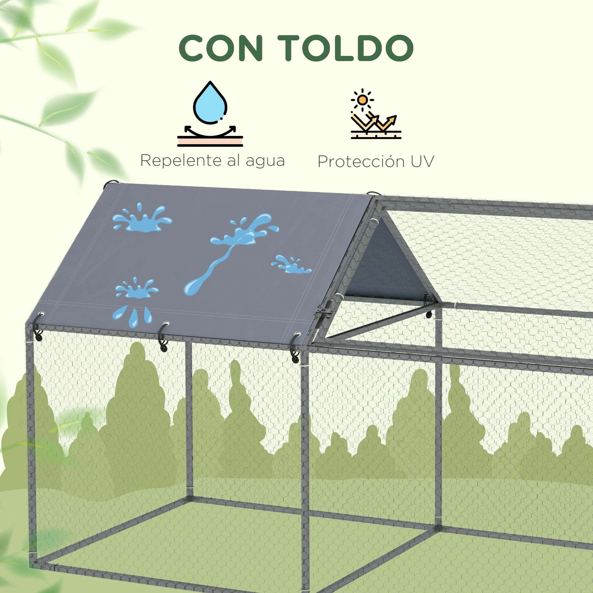 PawHut Jaula para Animales Pequeños Puerta Superior 198x100x120 cm Plata | Parque para Mascotas de Acero, 1 Tela Superior de Anti-UV, para Exterior Jardín