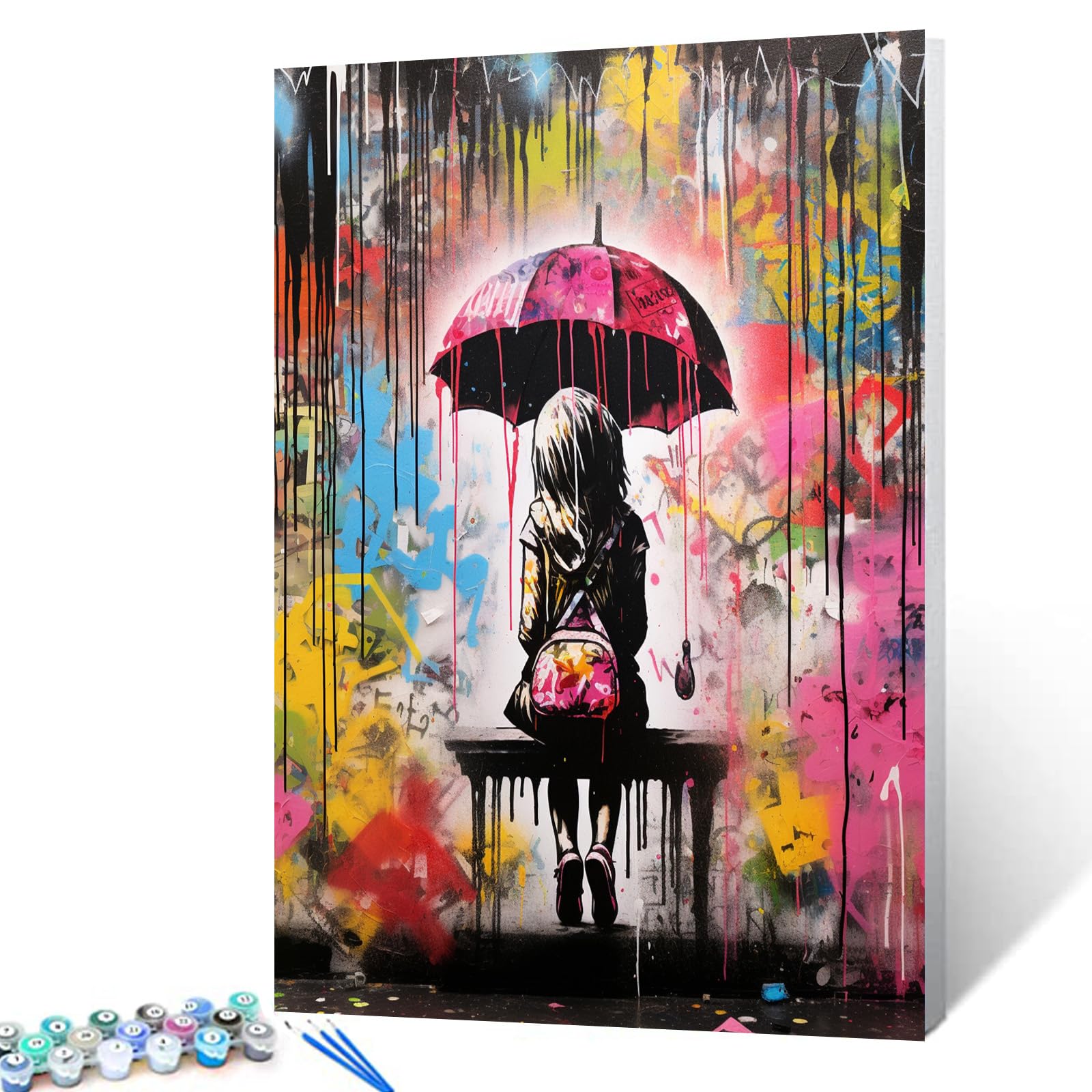 The Girl Holding an Umbrella Paint by Numbers Kits for Adults Banksy Graffiti Style DIY Canvas Oil Painting Acrylic Pigment Kits Abstract Home Wall Decor Gift 16x20In (Frameless)