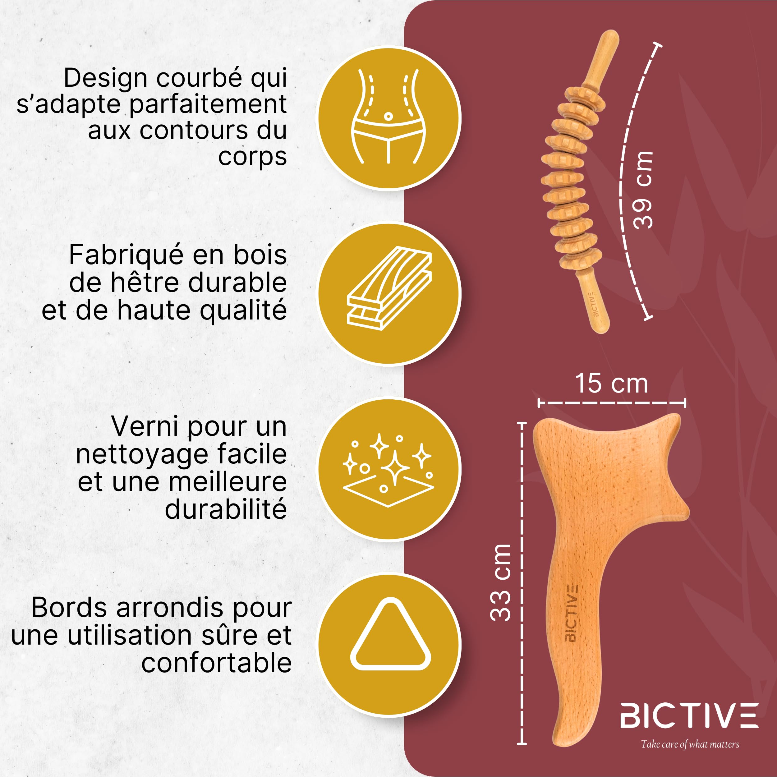 Kit Maderotherapie Professionnelle de Rouleau Courbé et Spatule de Drainage Lymphatique. Masseur Anti Cellulite Gua Sha Corps Palper Rouler Massage Bois Kit Maderotherapie Complet