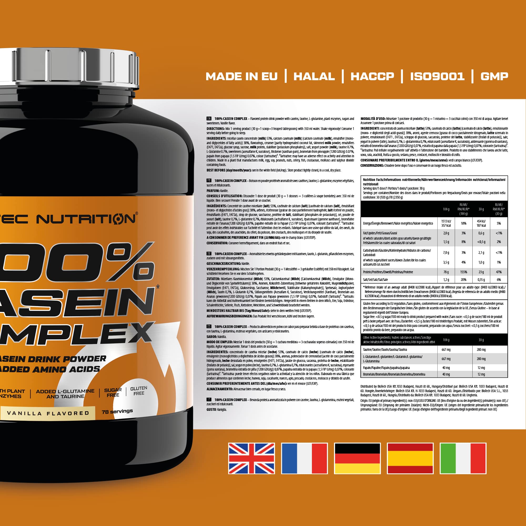 Scitec Nutrition 100% Casein Complex - Complejo de Caseína a base de Caseína Micelar - con L-Glutamina, Taurina y Enzimas Vegetales, 2,35 kg, Vainilla | Con caseinato de calcio y L-glutamina - Con enzimas vegetales añadidas - Azúcar, sin gluten - 2,35 kg,