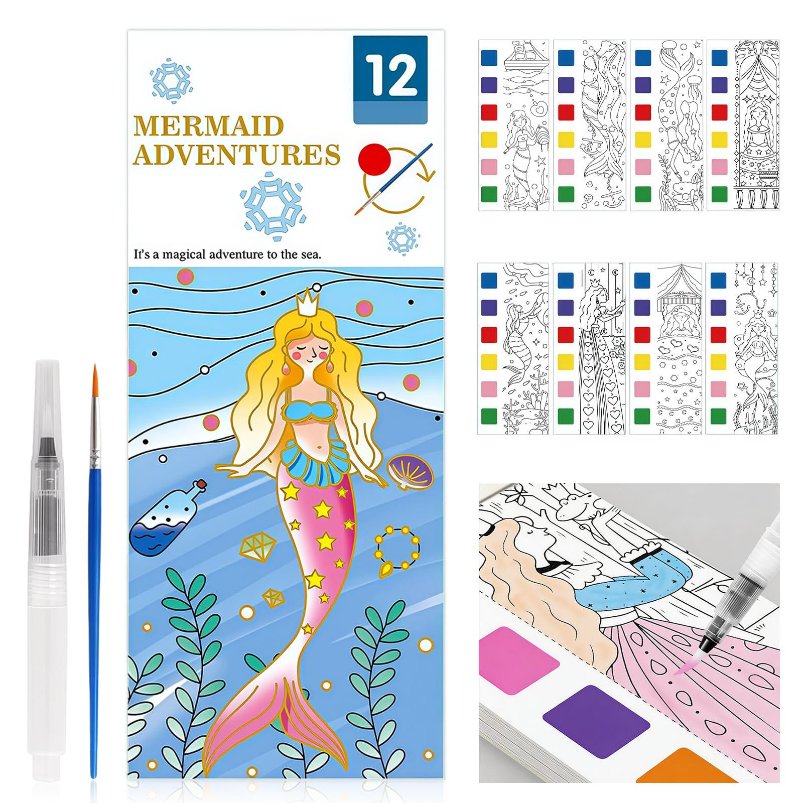 AMFUN Water Colouring Book, Water-Filling Book for Children Painting, No Mess Watercolor Painting Kit Suitable for Birthday, Christmas-Mermaid