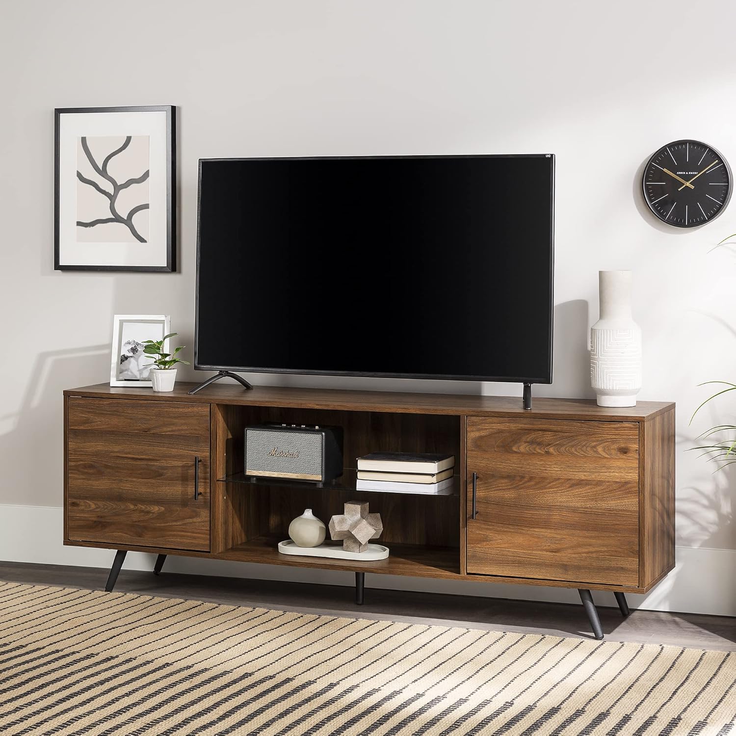Walker Edison Saxon Mid Century Modern 2 Door Glass Shelf TV Stand for TVs up to 80 Inches, 70 Inch, Dark Walnut : Home & Kitchen