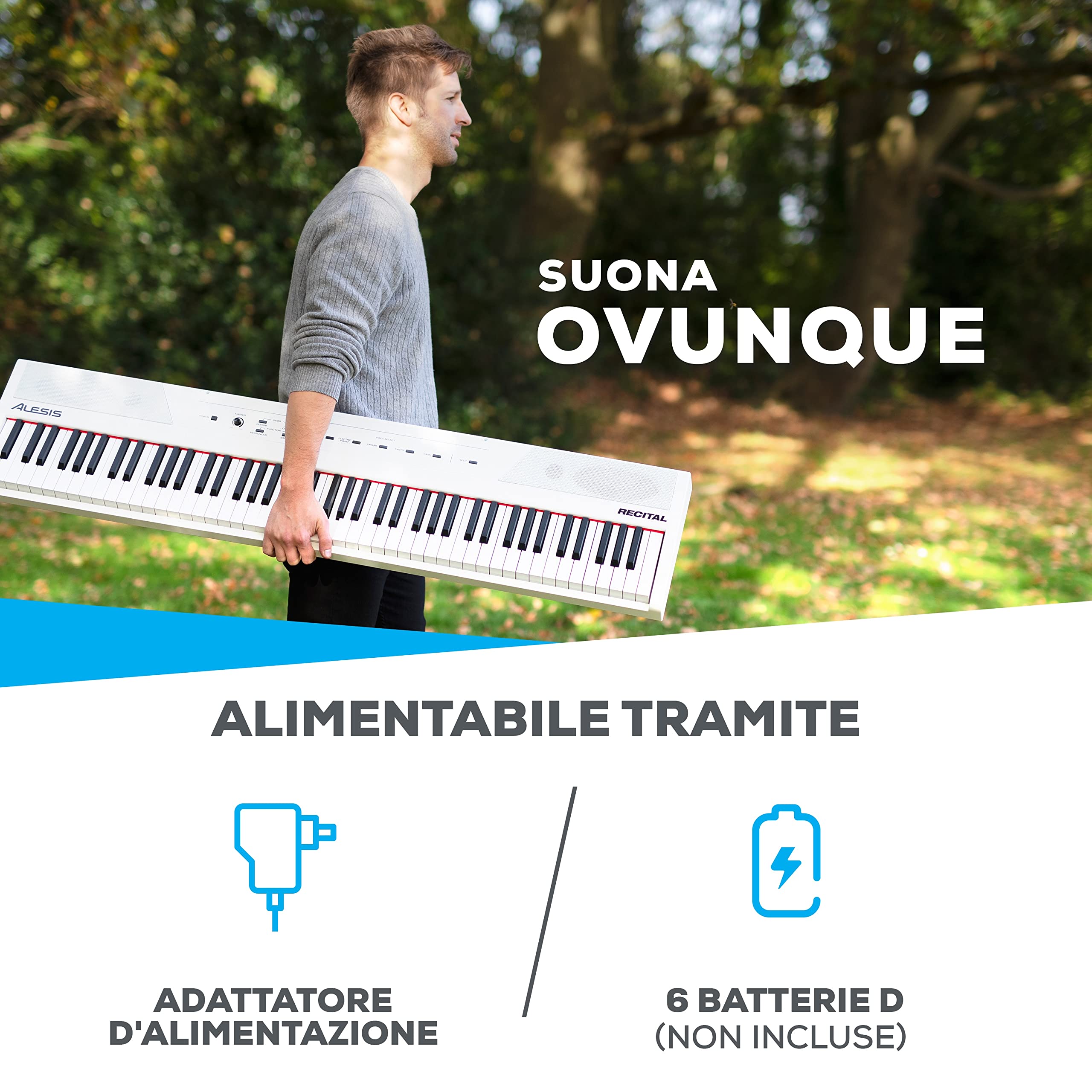 Alesis Recital White + M-Audio SP-2 - Pianoforte Digitale con Casse, 5 Suoni, 88 Tasti Semi Pesati, 3 mesi di Lezioni Gratis + Pedale di Sustain Universale