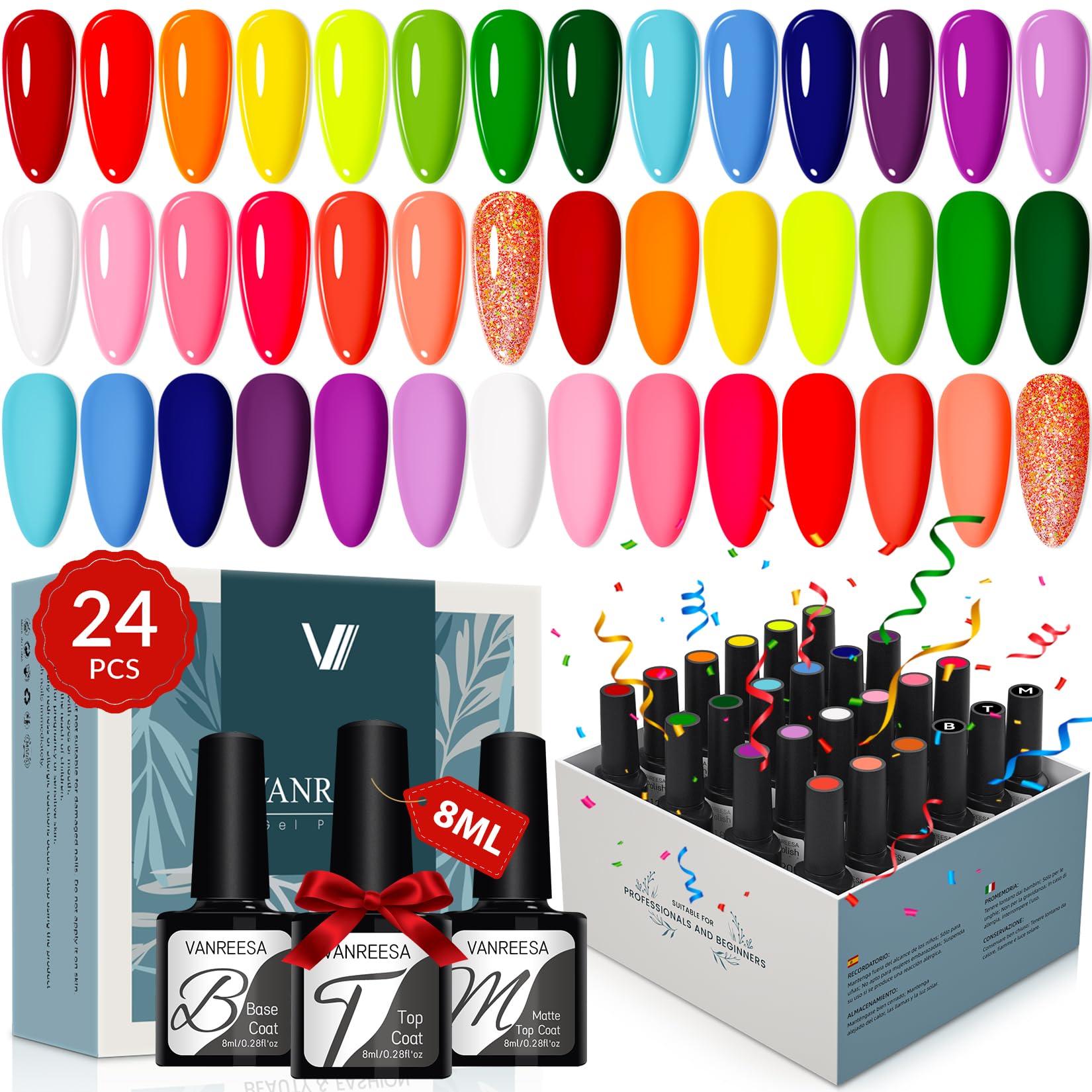 VANREESA 24 Pcs Gel Nail Polish Set-21 Colors Nail Polish Gel Base Coat Glossy & Matte Top Coat Bright Red Orange Green Blue Purple Nail Kit Gifts for Women Girls
