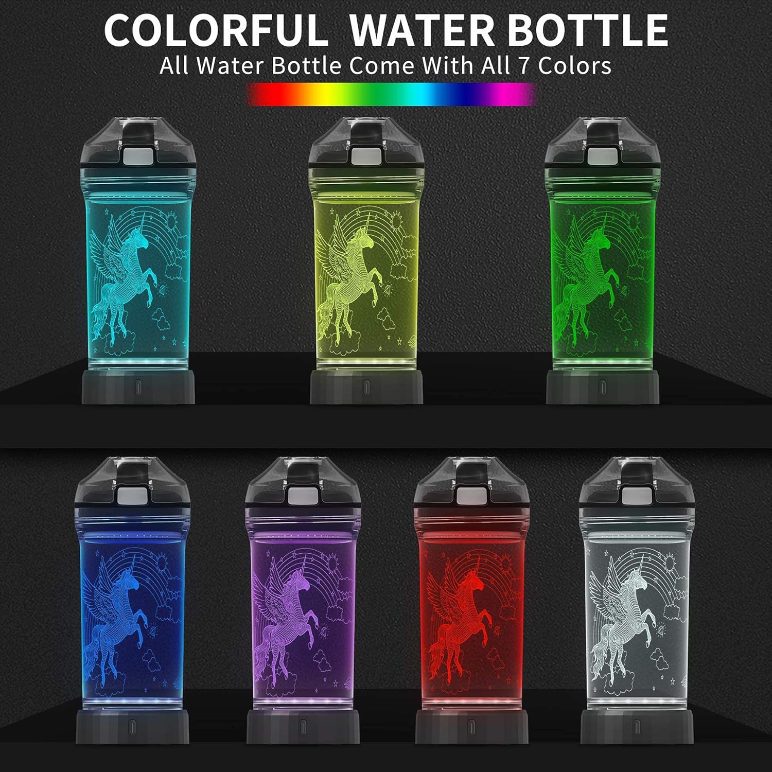 Kids Watter Bottle with 3D Glowing Unicorn Illusion LED Light - 14 0z - Creative Idea Gift for Girl Child Granddaughter Holiday Xmas
