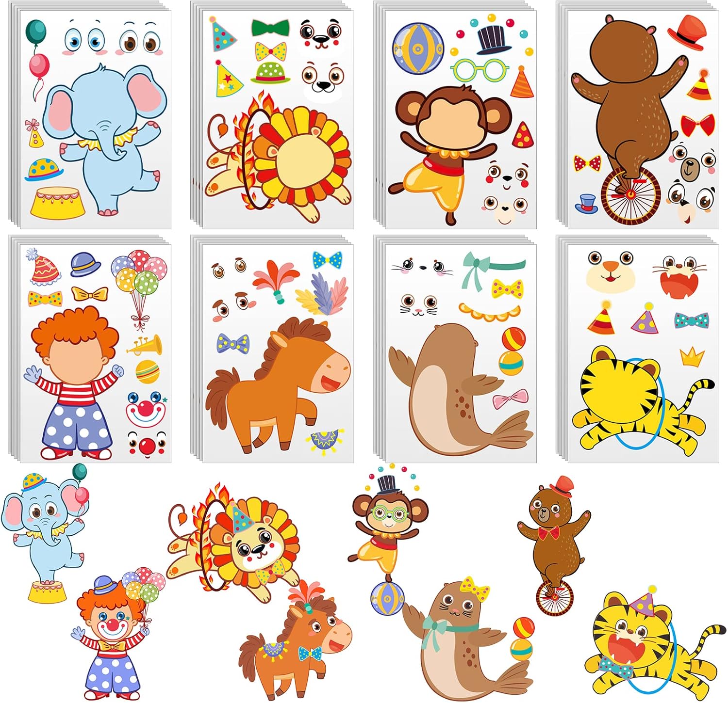 48 Pieces Make a Face Animal Stickers Make Your Own Princess Car Stickers Zoo Farm Themed Fun Princess Decals for Kids Party Favors, Rewards, Art Craft with 8 Designs (Circus)