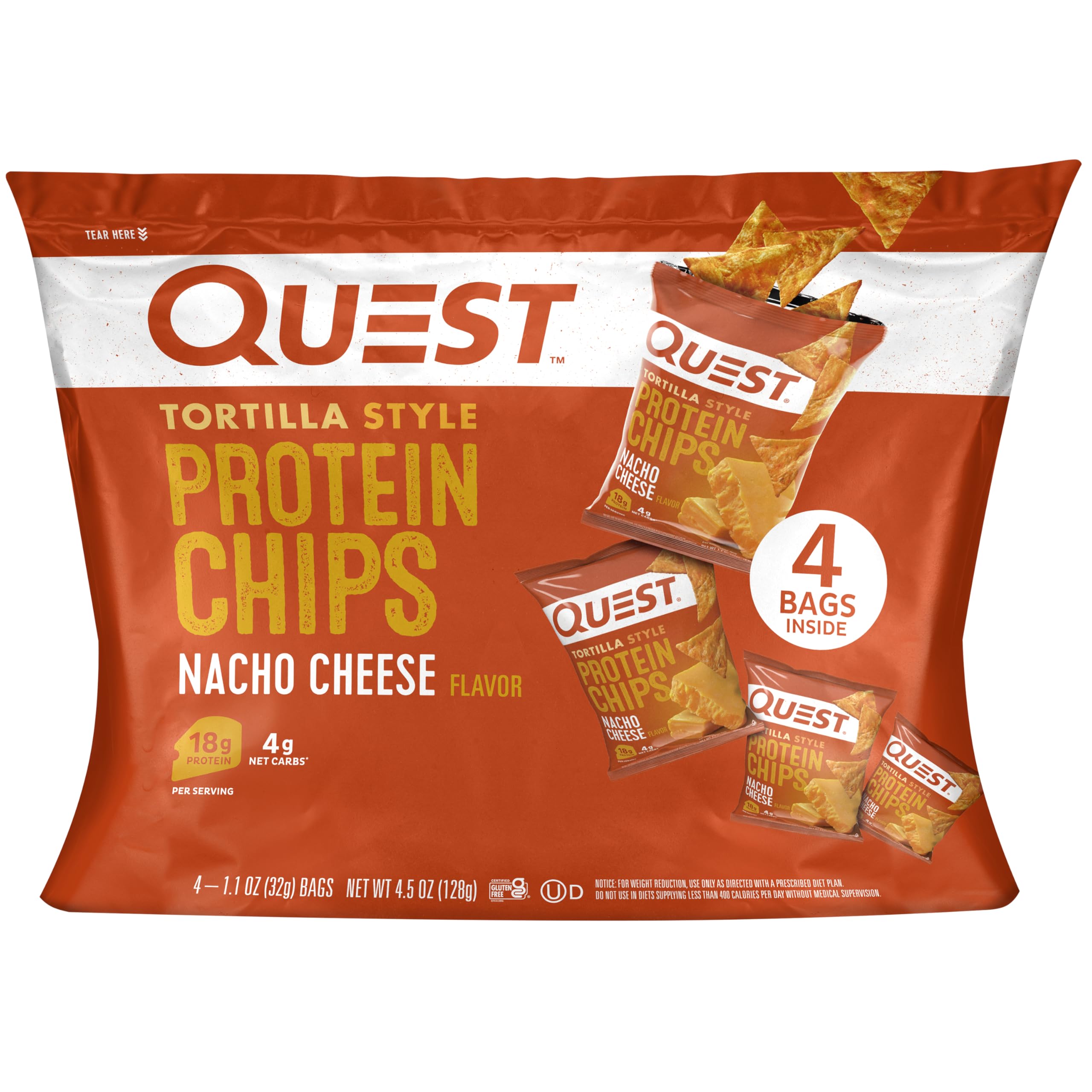 QuestNutrition Nacho Cheese Tortilla Style Protein Chips, 18g Protein, 4g Net Carb, Low Carb, Gluten Free, 1.1 oz (Pack of 4)