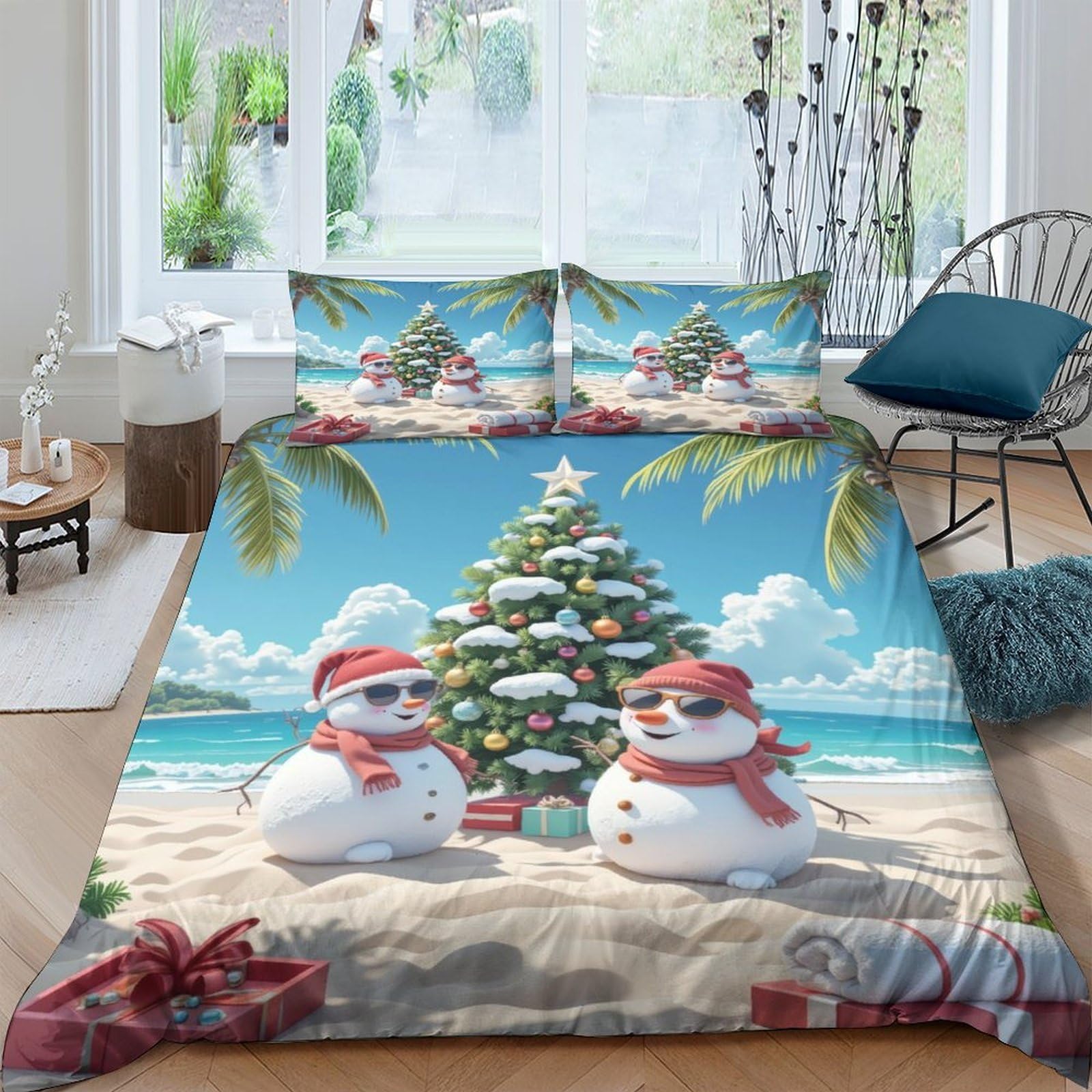 Ctjqhvkz Style-6 3D Printed Beach Snowman Fitted Sheet Microfiber Christmas Tree Bed Cover For Bedroom Guest Room Dorm Decor Single（135X200cm）