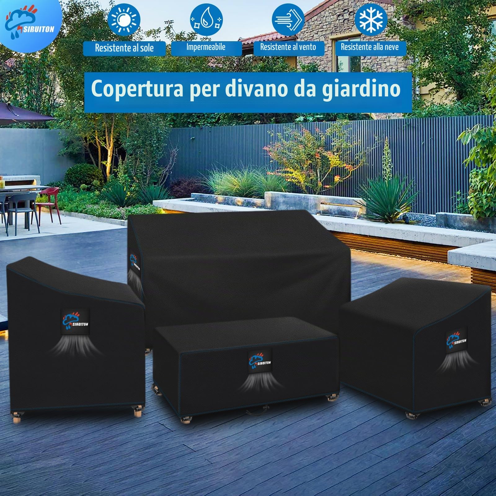 SIRUITON Copertura per mobili da giardino 4 pezzi Veranda per esterni Set di coperture per mobili da giardino per patio Set di coperture per mobili da giardino per veranda esterna impermeabile Nero