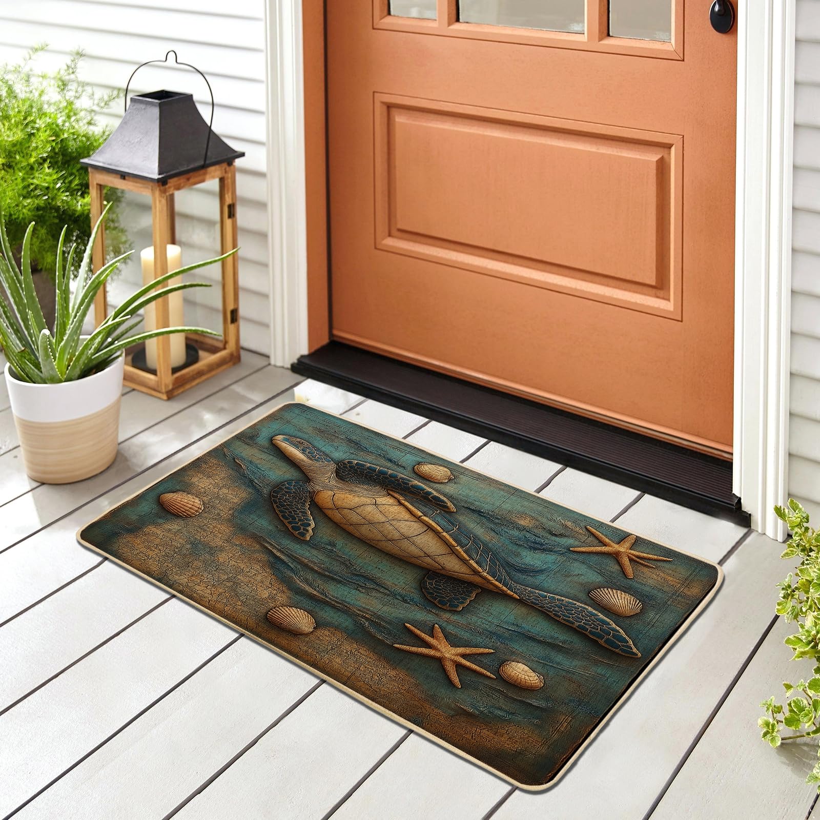 Paillasson tortue de mer nautique 73x43 cm noir rustique pour entrée intérieure et extérieure