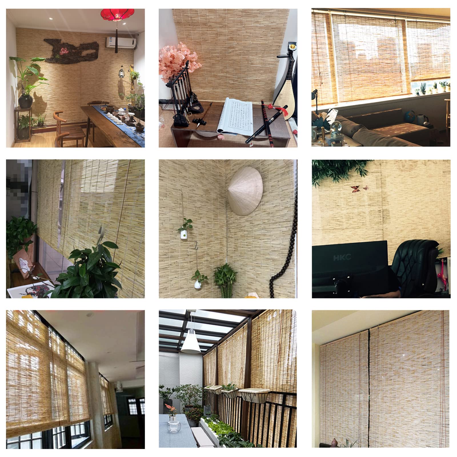 Stores Enrouleurs en Roseau Naturel,Stores en Bambou,Protection UV,Respirant,Intimité,pour Maison Bureau Décoration Rétro Patio Balcon Porte Cloisons Porche (White Line,WxH:120x160cm/47x63in)
