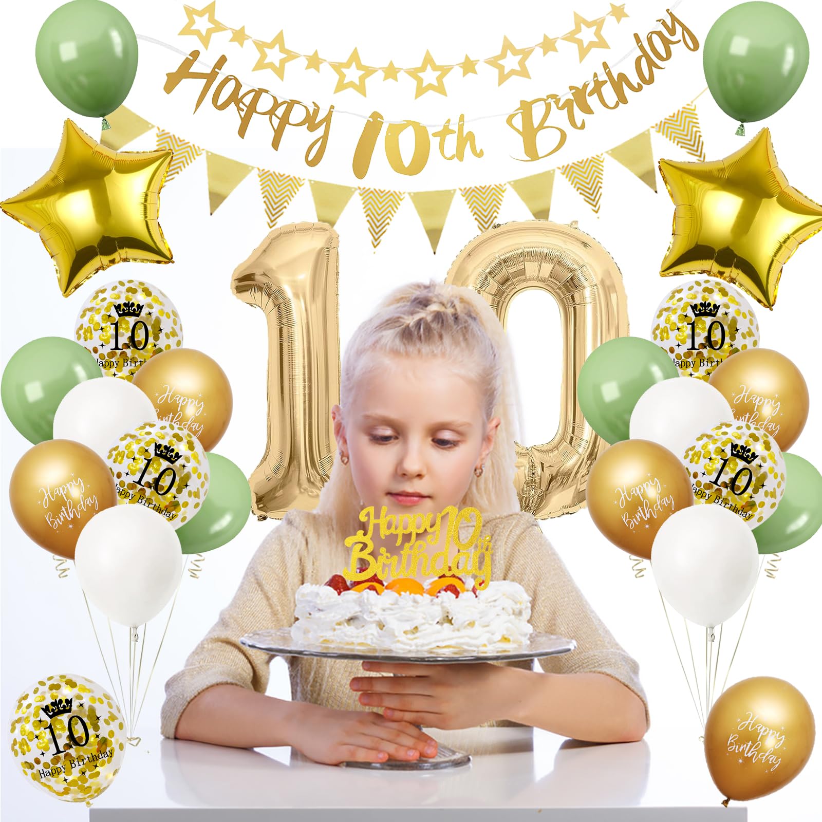 Set Decorazioni Compleanno 10 Anni Per Ragazza – Palloncini Oro, Bianco, Verde – Include Numero 10, Banner, Cake Topper E Nastri - 4