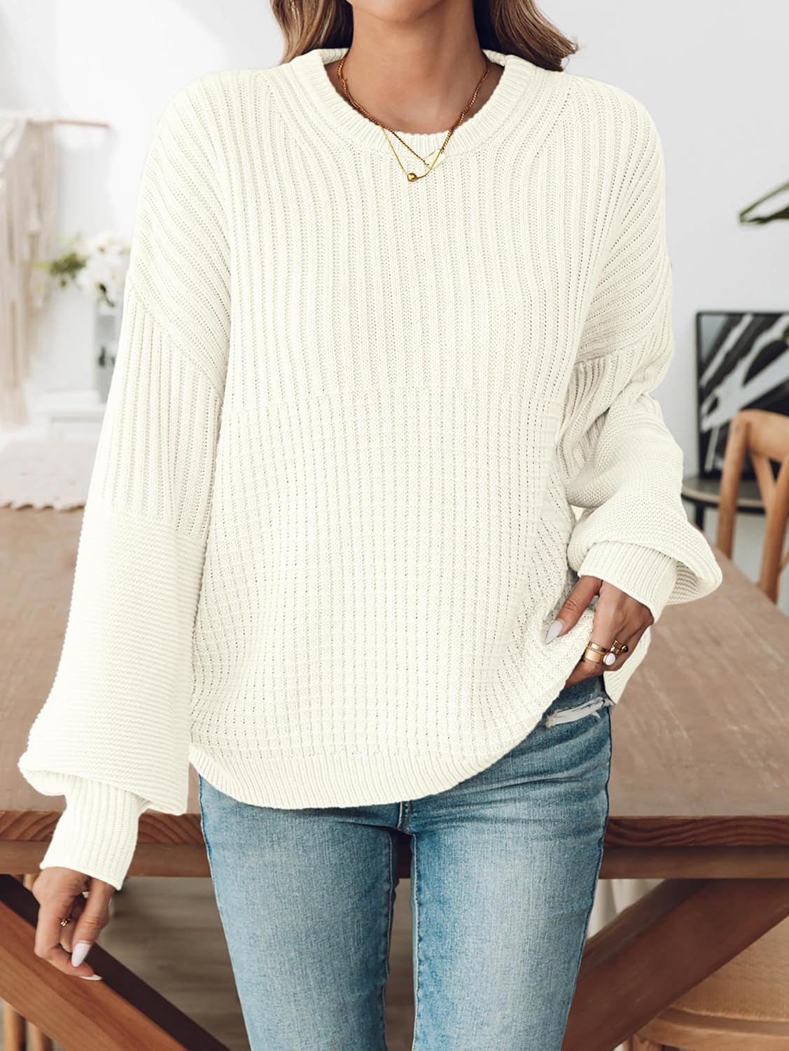 SunnyMelody Womens Oversized Batwing Sleeve Sweater Winter 2025 Trendy Ribbed Waffle Knit Crewneck Pullover Tops - Image 5