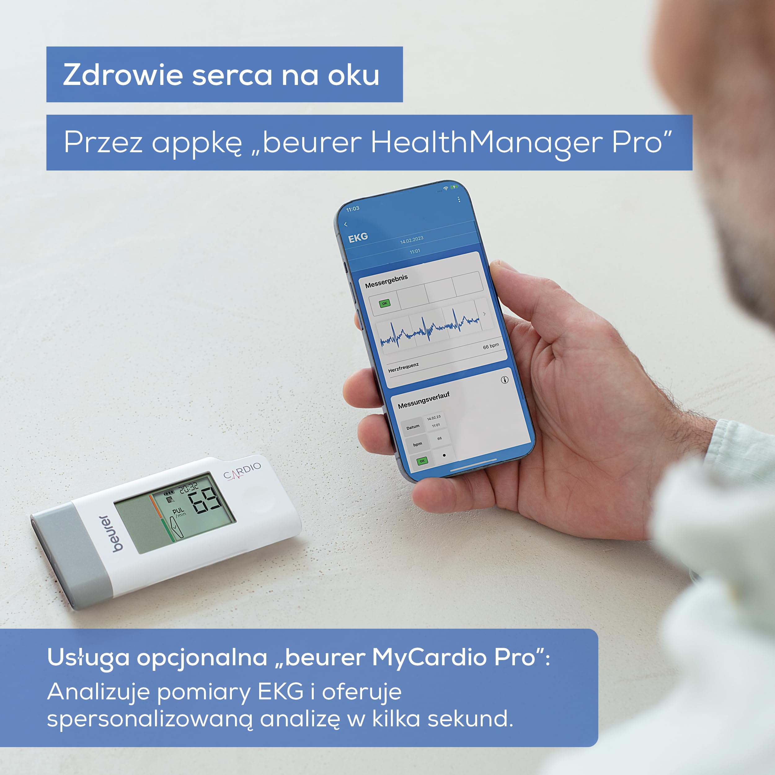 Beurer ME 95 EKG mobilne, 1-kanałowe EKG do rejestrowania rytmu serca, wykrywa migotanie przedsionków, akumulator, monitor tętna z aplikacją, Apple Health
