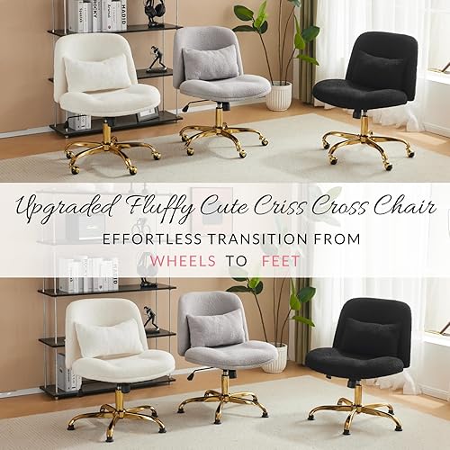 Miniatura 3 de VINGLI Silla de oficina ancha con patas cruzadas, silla de escritorio ergonómica con estampado de glúteos cómoda con almohada y base dorada, doble