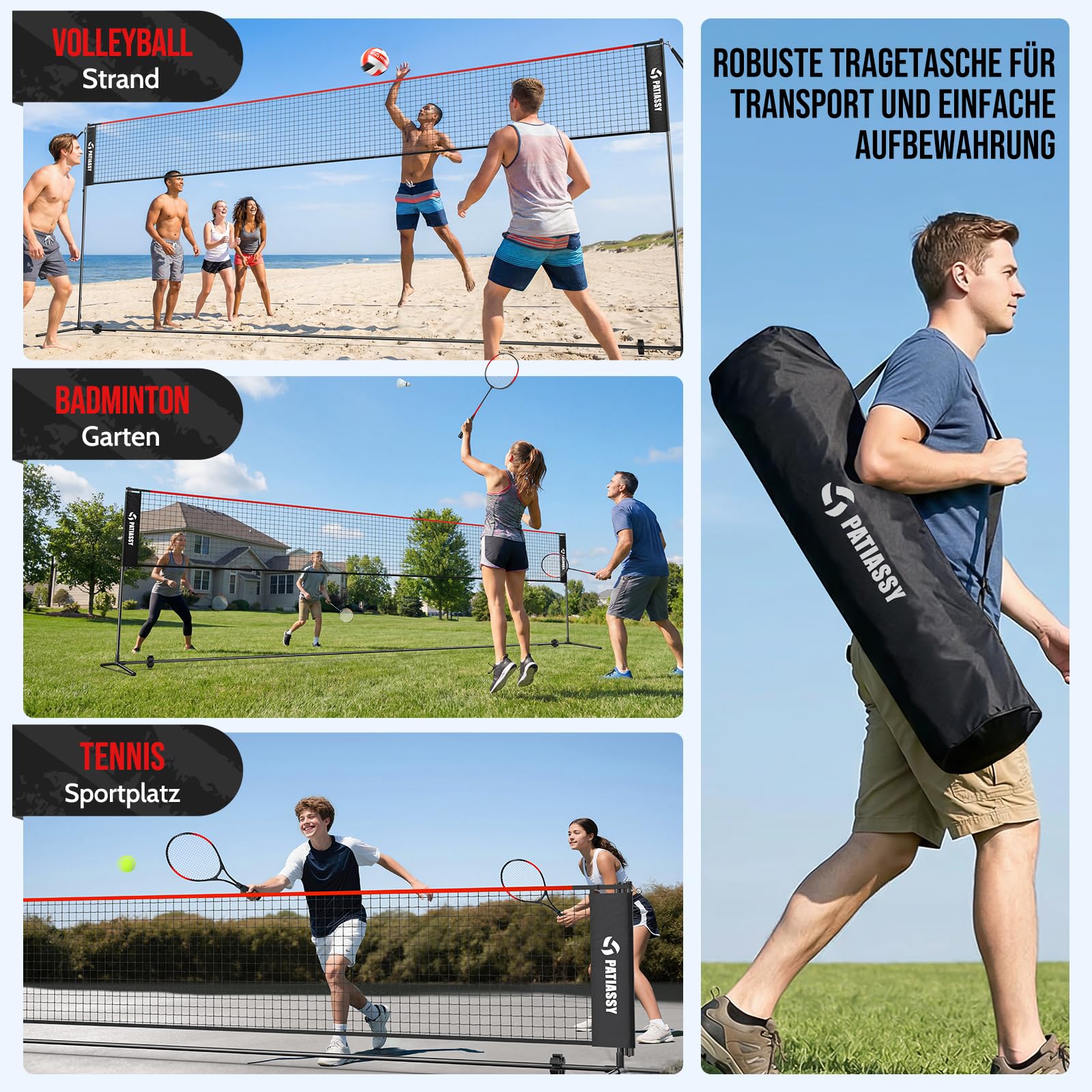 Patiassy Red de bádminton de 5,2 m, red de tenis, red de voleibol para jardín, barras de altura ajustable, juego de red portátil 4 en 1 con voleibol, bádminton y tenis, raqueta de voleibol, pelota de - 5