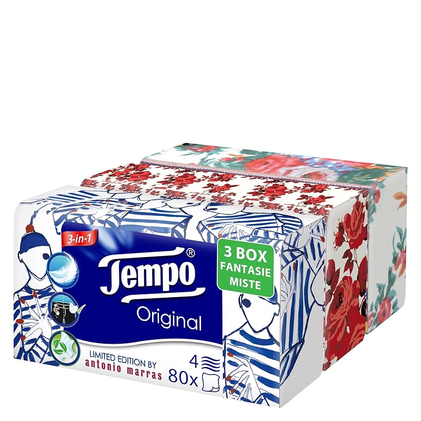 Immagine del prodotto Tempo, Scatola di Fazzoletti di Carta, 3 Scatole da 80 Fazzolettini Monouso, 4 Veli, Box Limited Edition Firmata Marras, 4 Grafiche Assortite, Confezione Riciclabile