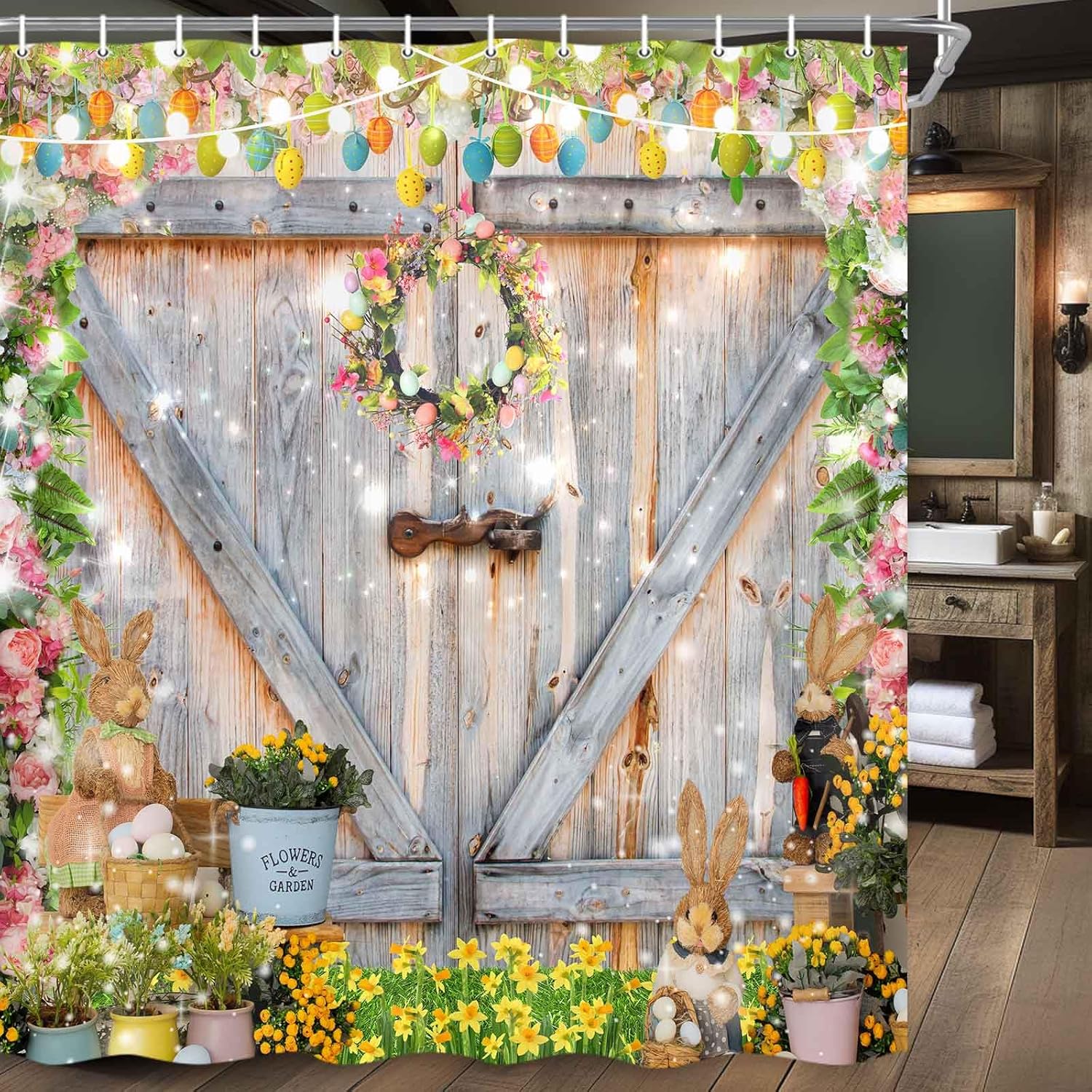 Easter Shower Curtain, Cute Rabbit Bunny Egg Shower Curtain Set, Rustic Farmhouse Waterproof Fabric Shower Curtains for Bathroom Spring Holiday Decor 72"X72"