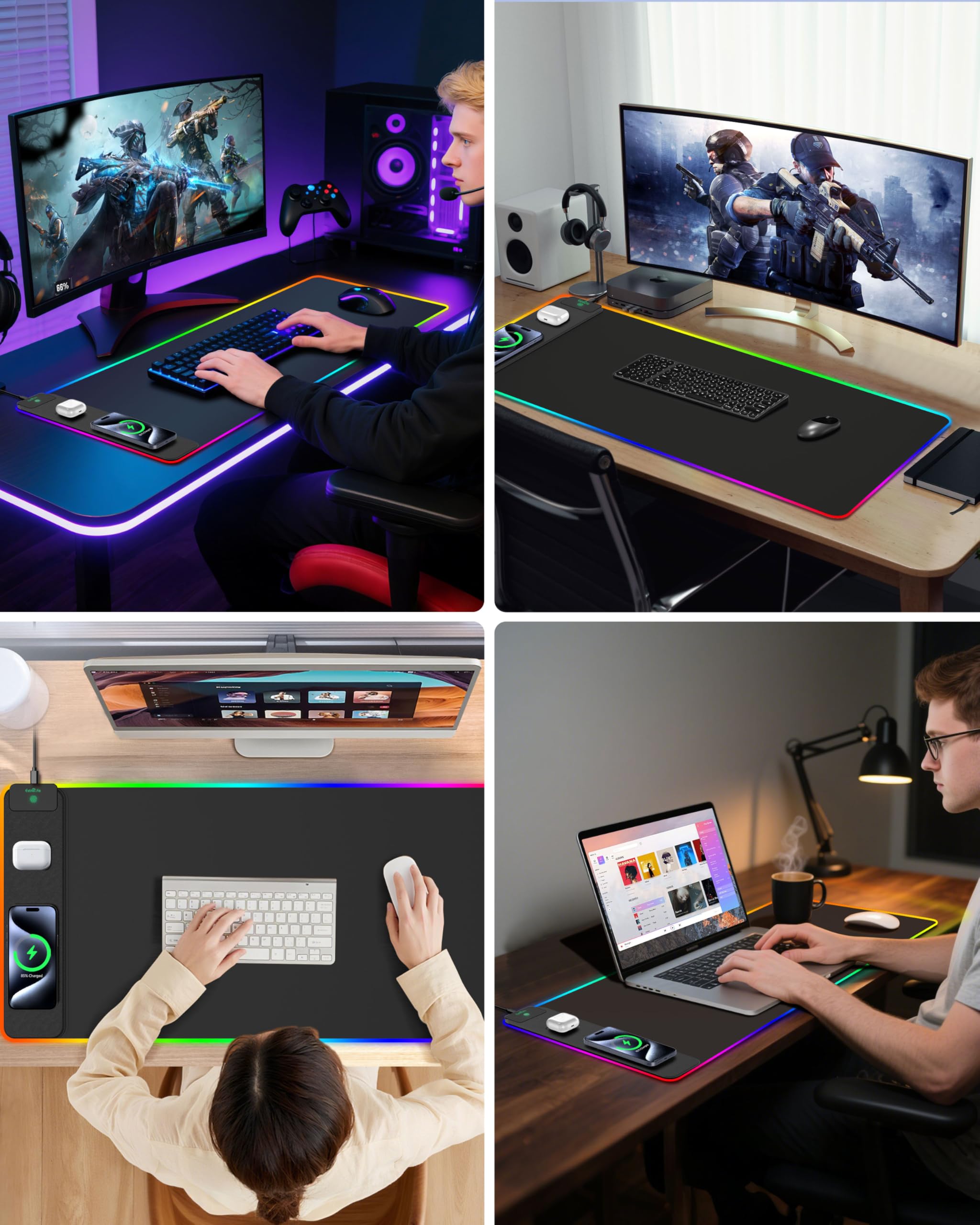 Tappetino per mouse con ricarica wireless, tappetino da scrivania da gioco RGB, tappetino da scrivania XXL da 80 x 40 cm, 15 modalità di illuminazione, tappetino per mouse antiscivolo, tappetino per