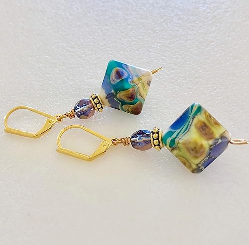 Miniatura 4 de Lavender and Teal Lampwork Earrings, Lavender Teal Lime Green Glass, Artisan Handmade Glass, Diamond Pyramid Beads, Czech Glass, Bohemian.