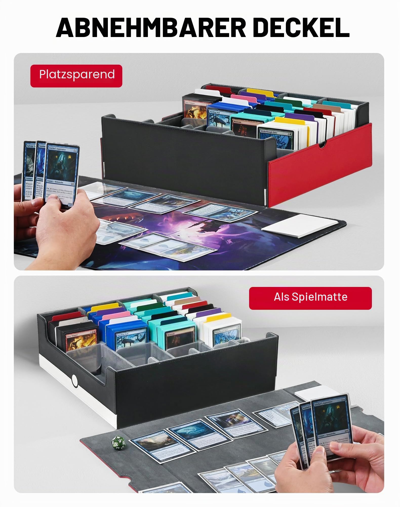 ZLCA Trading Card Storage Box, Commander Card Deck Case Holds 2400+ Cards, MTG Deck Box mit 4 Stopfen, Magic Card Organizer für TCG PTCG Karten(rot-weiß)
