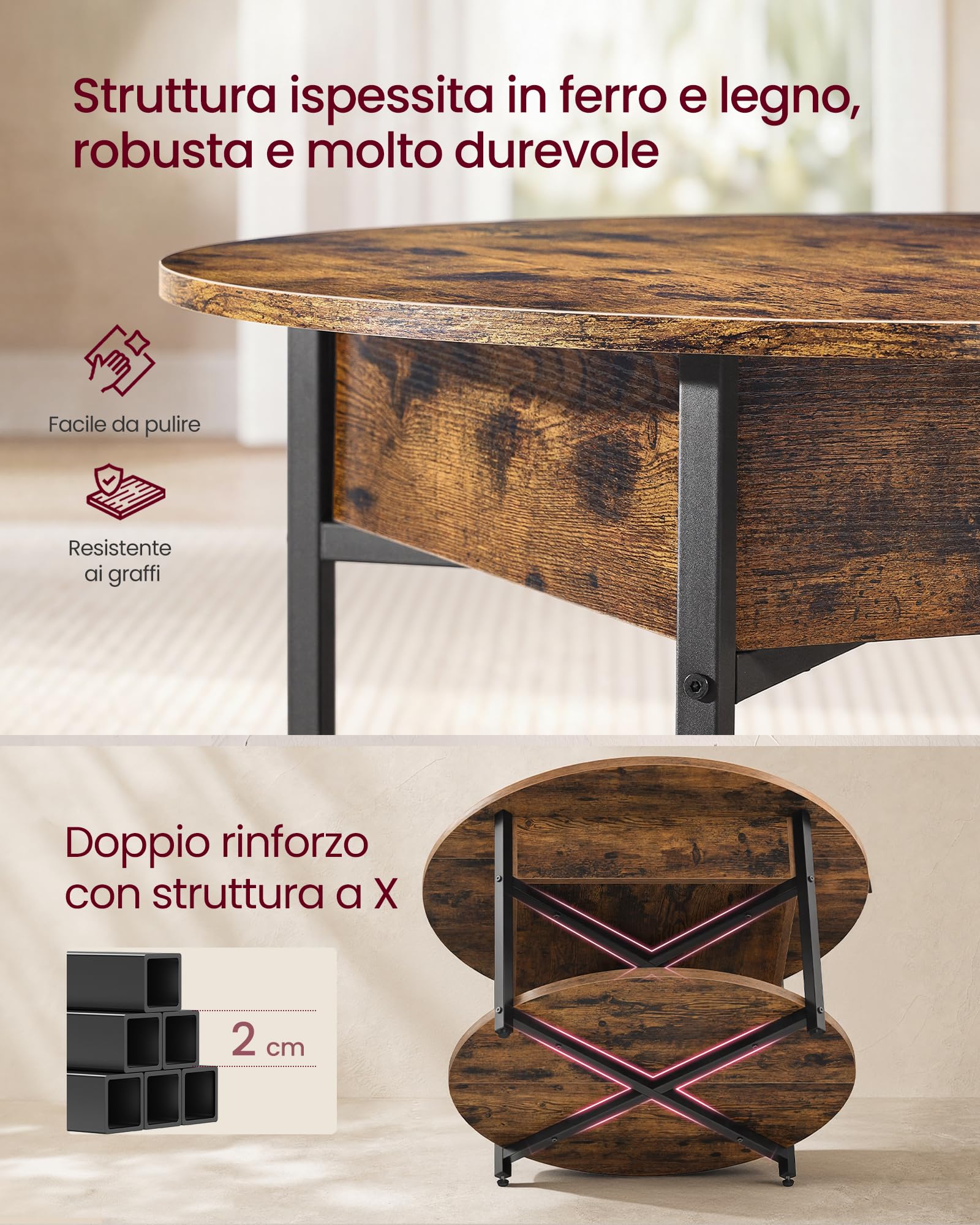 VASAGLE Tavolino Salotto con Piano Sollevabile e Scomparto Nascosto